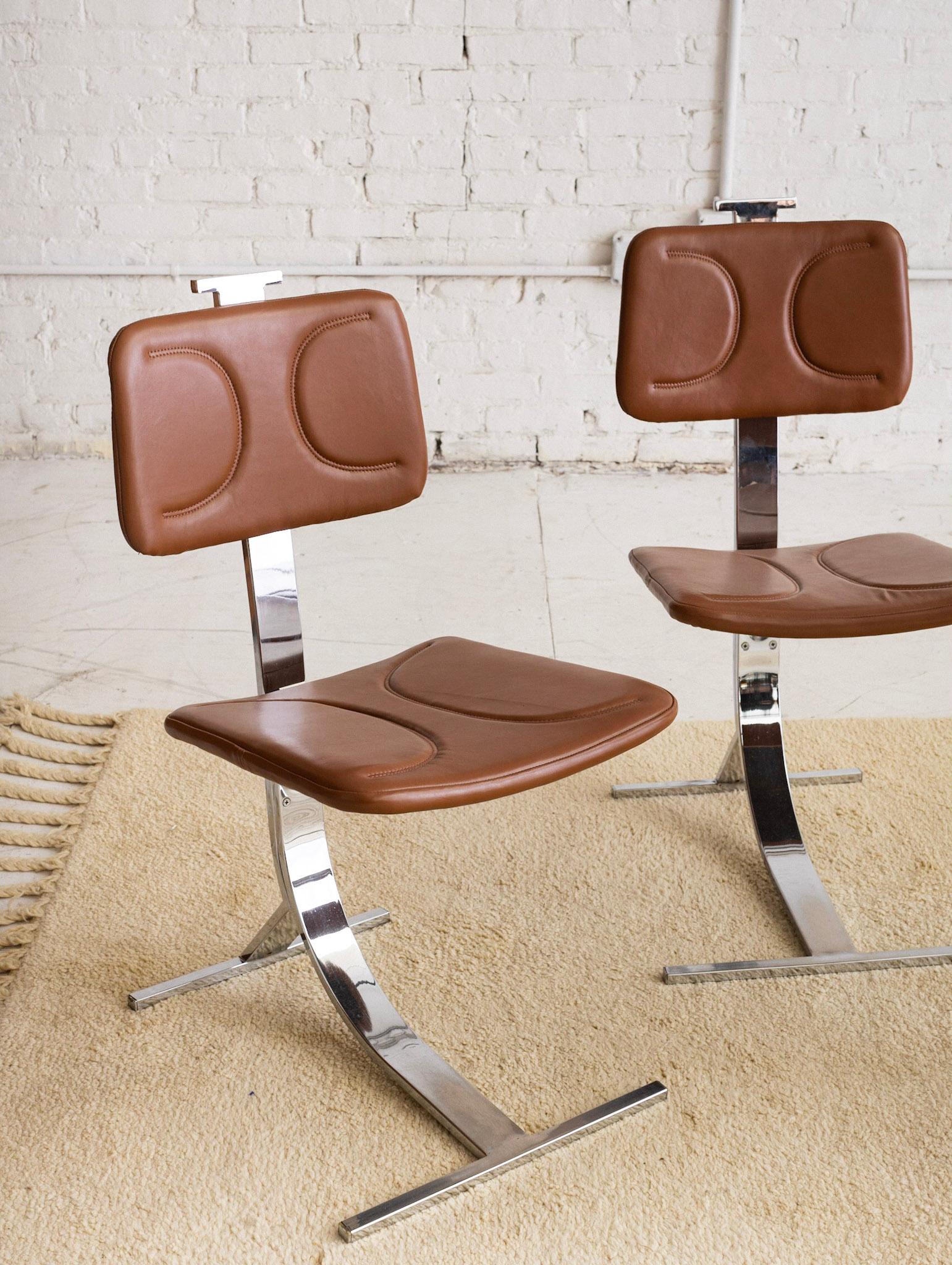 American Mid Century Set of 4 Chrome and Brown Leather Chairs