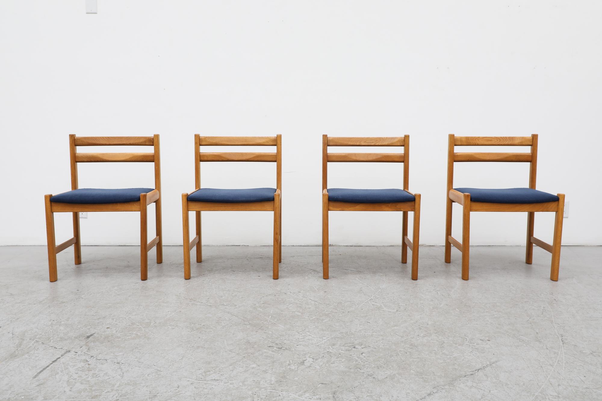 Mid-Century Modern Set of 4 1970's Poul Volther Style Danish Oak Dining Chairs w/ Blue Upholstery For Sale
