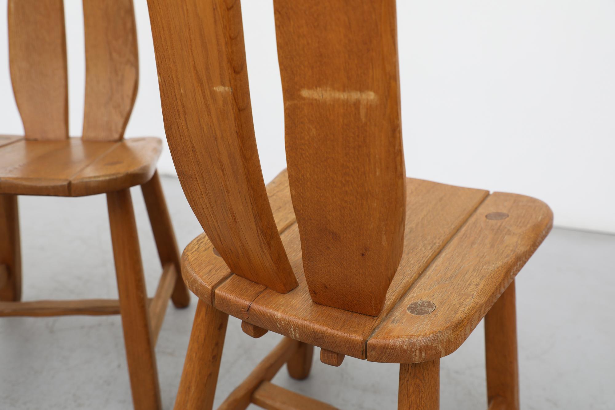Mid-Century Set of 4 Heavy Oak De Puydt High Back Brutalist Dining Chairs For Sale 4
