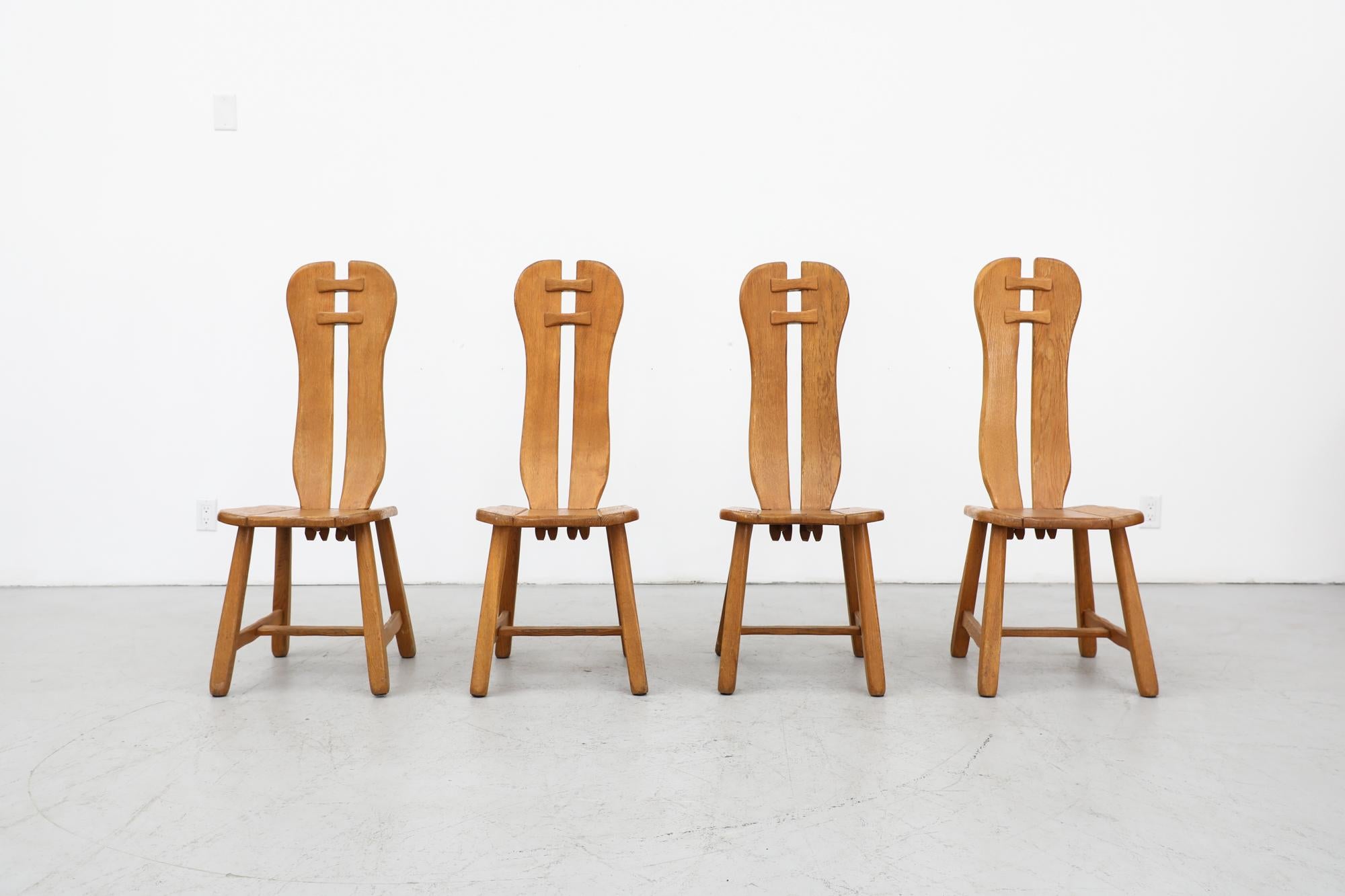 Mid-Century Set of 4 Heavy Oak De Puydt High Back Brutalist Dining Chairs For Sale 12