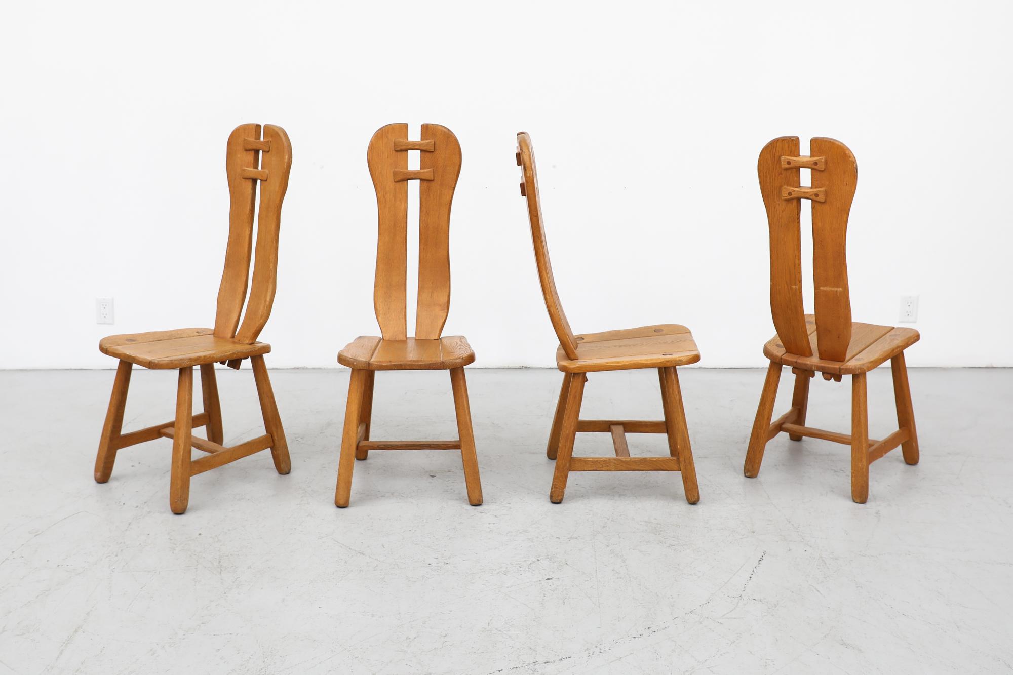 Mid-Century Modern Mid-Century Set of 4 Heavy Oak De Puydt High Back Brutalist Dining Chairs For Sale