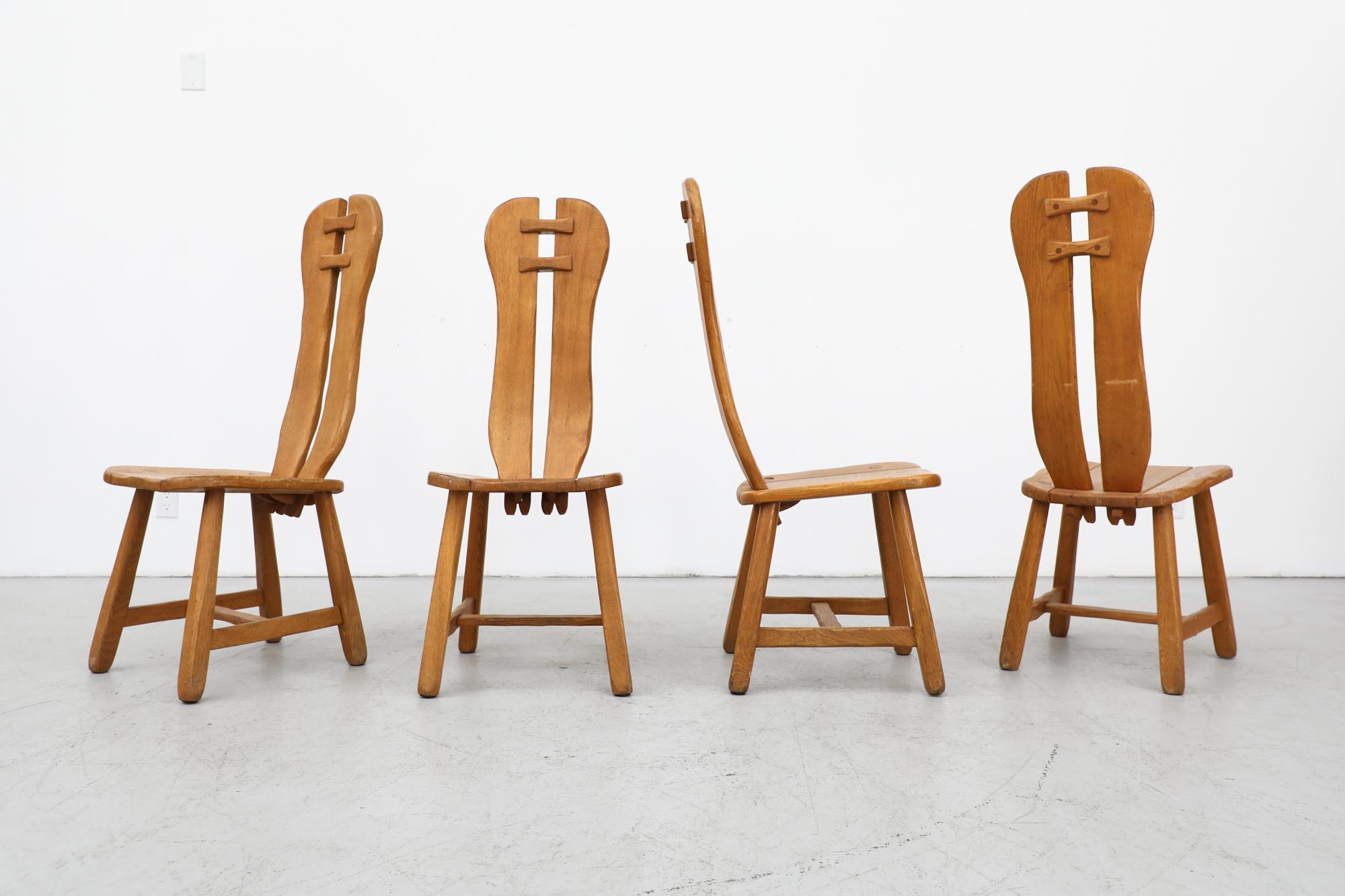 Belgian Mid-Century Set of 4 Heavy Oak De Puydt High Back Brutalist Dining Chairs For Sale
