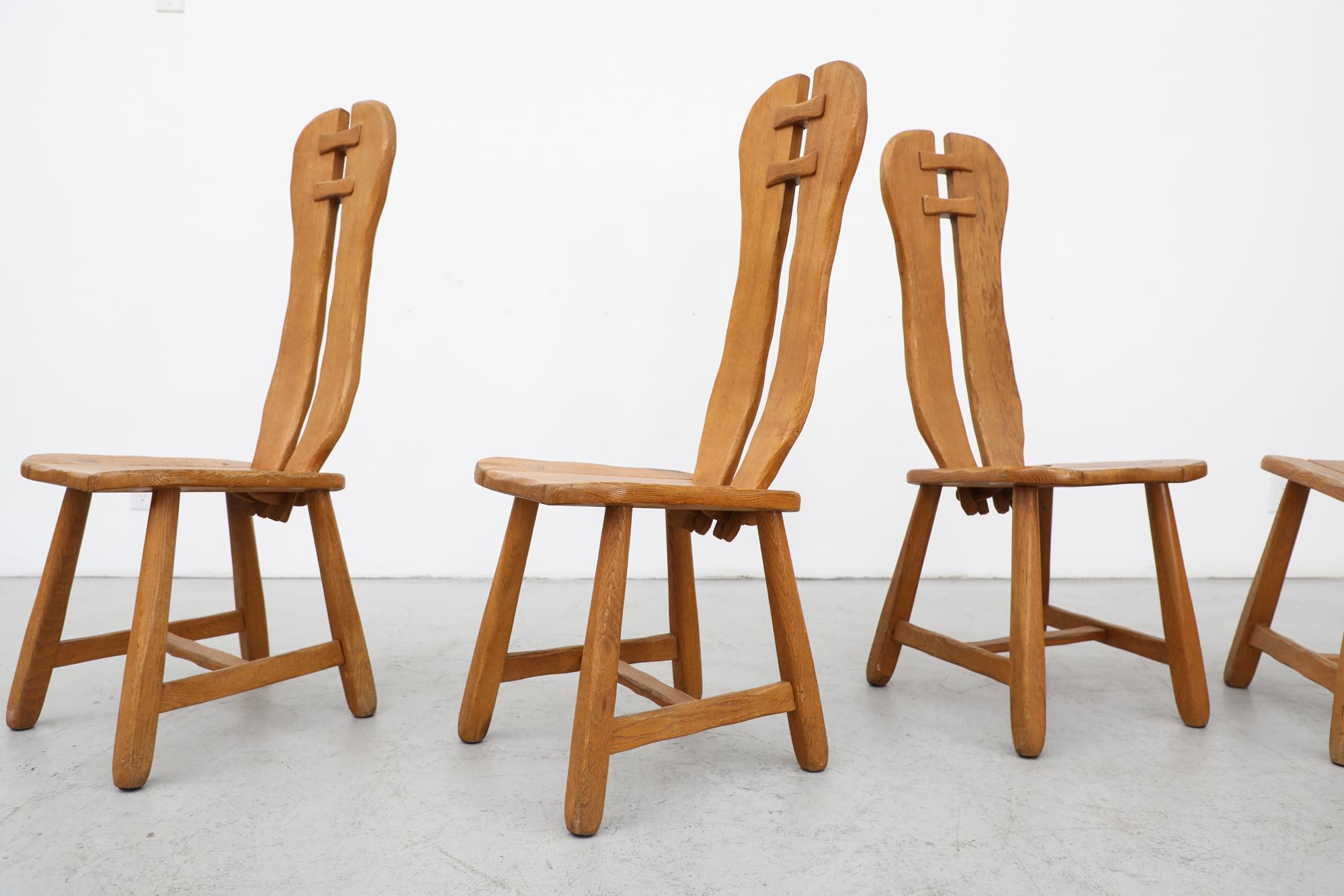 Mid-Century Set of 4 Heavy Oak De Puydt High Back Brutalist Dining Chairs In Good Condition For Sale In Los Angeles, CA
