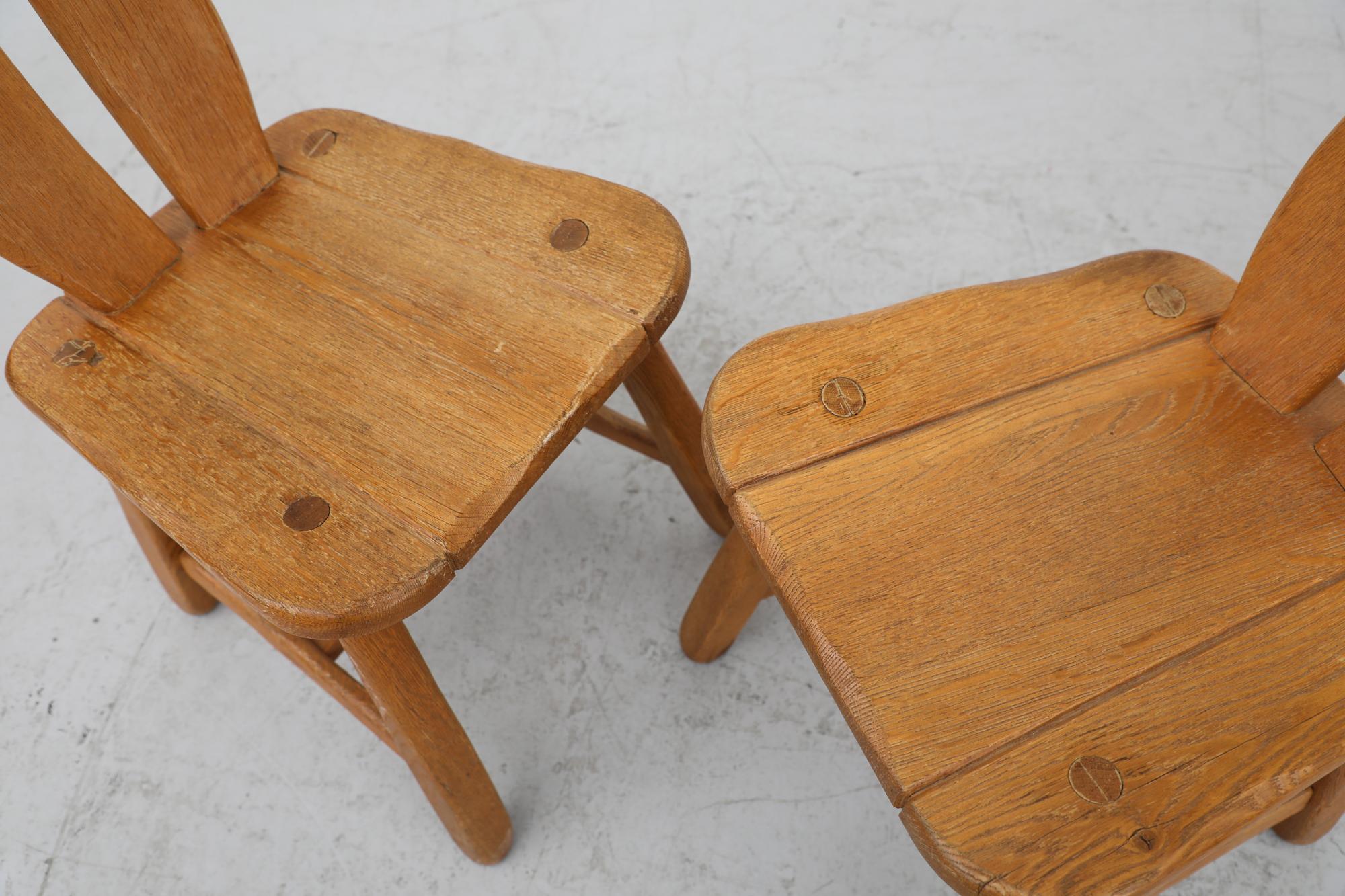 Mid-Century Set of 4 Heavy Oak De Puydt High Back Brutalist Dining Chairs For Sale 2