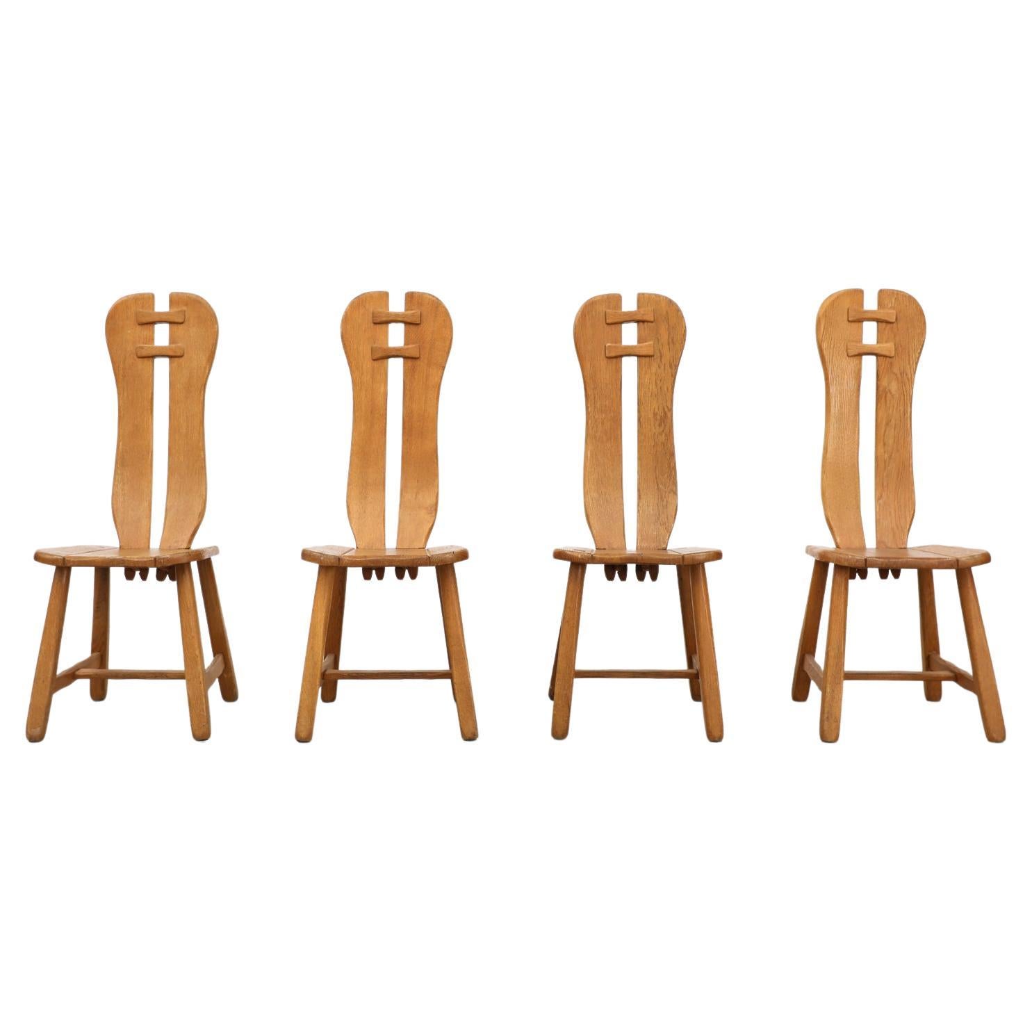 Mid-Century Set of 4 Heavy Oak De Puydt High Back Brutalist Dining Chairs For Sale