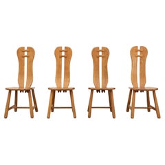 Mid-Century Set of 4 Heavy Oak De Puydt High Back Brutalist Dining Chairs