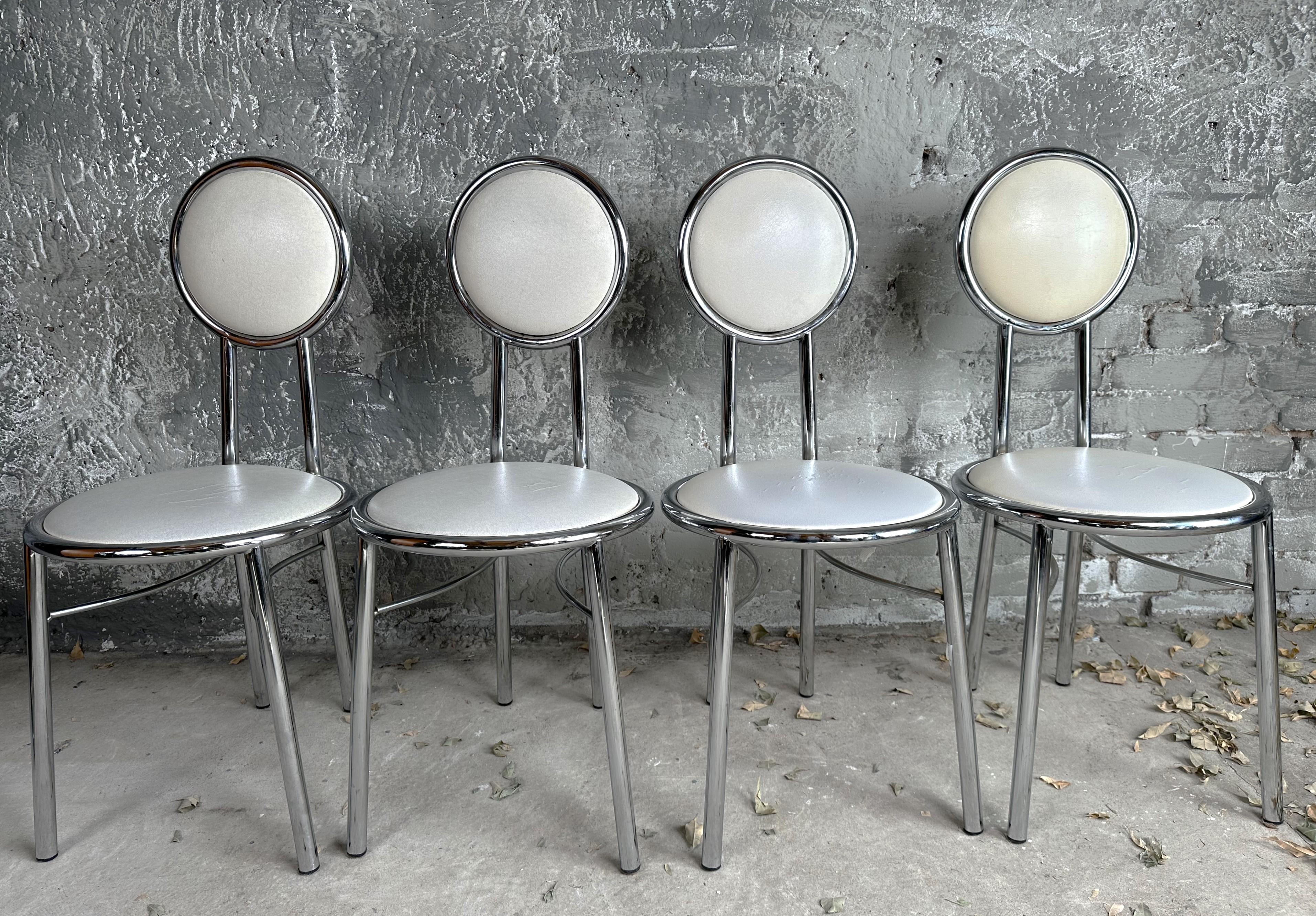Italian Mid-Century Set of 4 Dining Kitchen Chairs, Vinyl Chrome, Italy 1960s For Sale