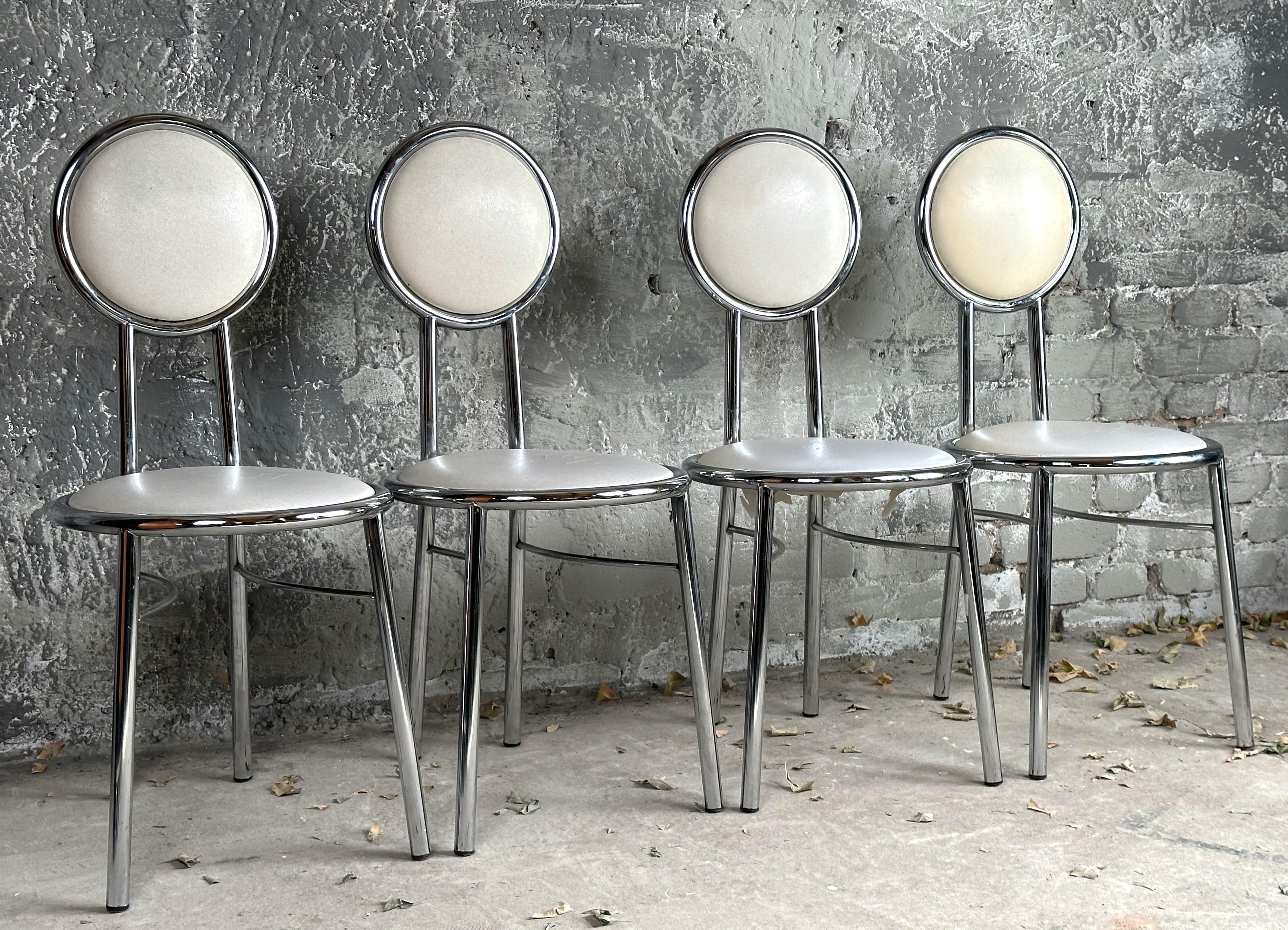 Mid-Century Set of 4 Dining Kitchen Chairs, Vinyl Chrome, Italy 1960s For Sale 1