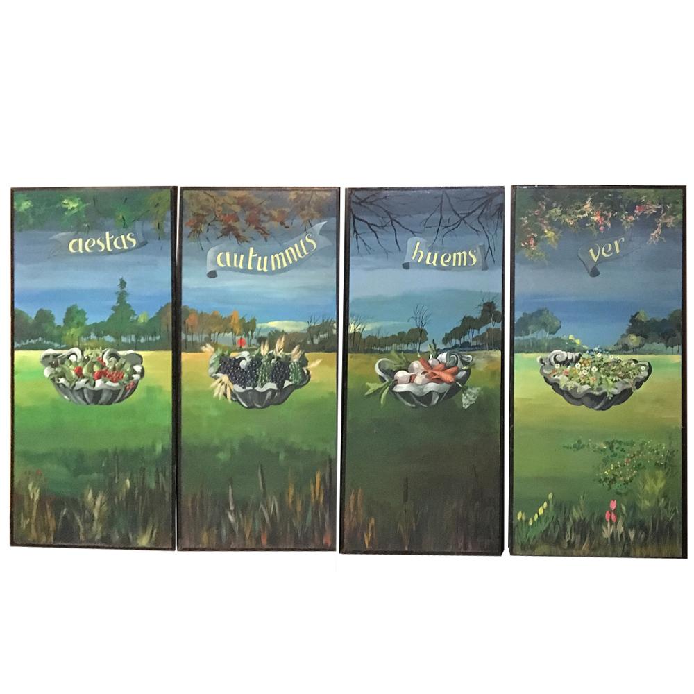 Mid-Century set of 4 Large Scale Four Seasons Paintings were designed for a French bakery, and beautifully and colorfully represent the Four Seasons, with the seasons' names painted in script in Latin. This set can transform a wall into a mural, or