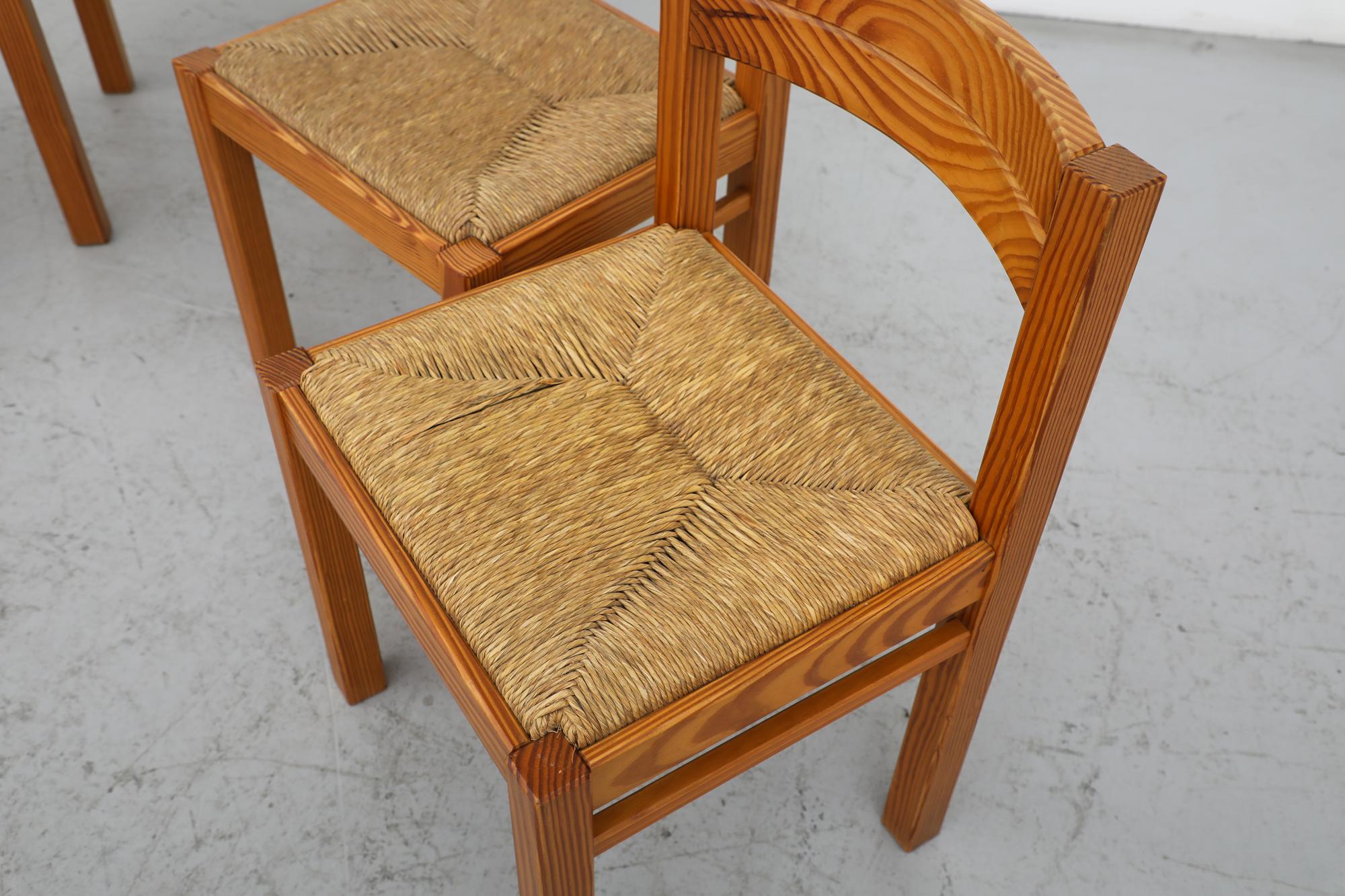 Dutch Set of 4 Magistretti Style Pine and Rush Dining Chairs by Martin Visser For Sale