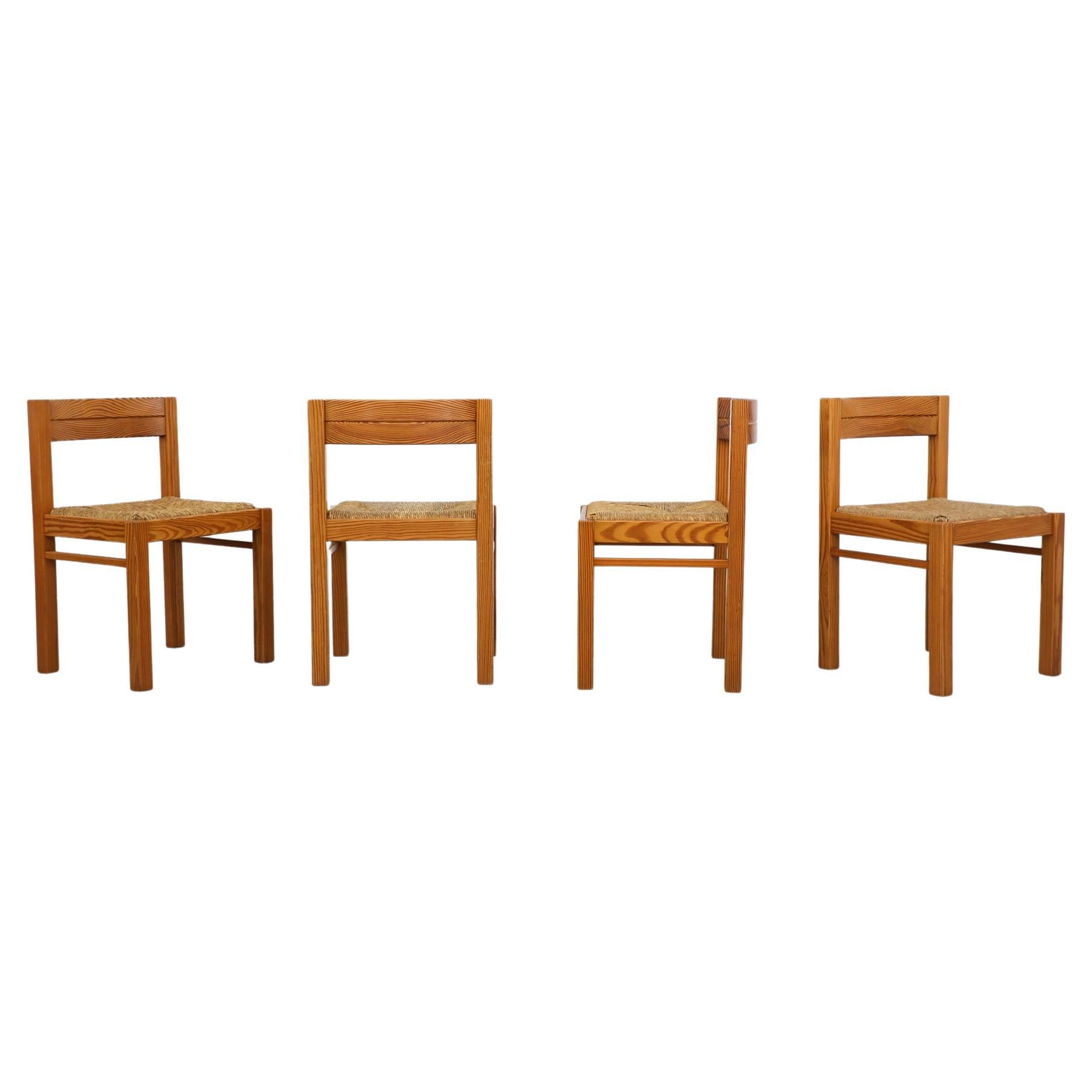 Set of 4 Magistretti Style Pine and Rush Dining Chairs by Martin Visser For Sale
