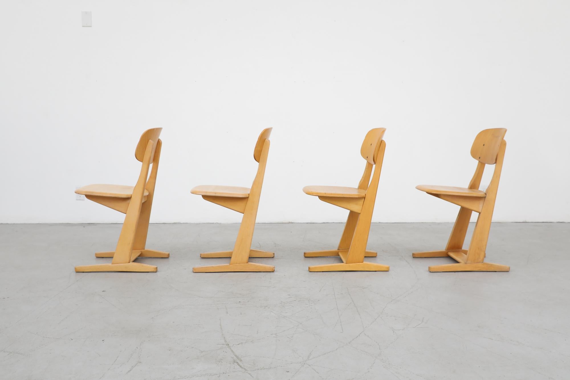 German Mid Century Set of 4 Solid Oak Casala Chairs