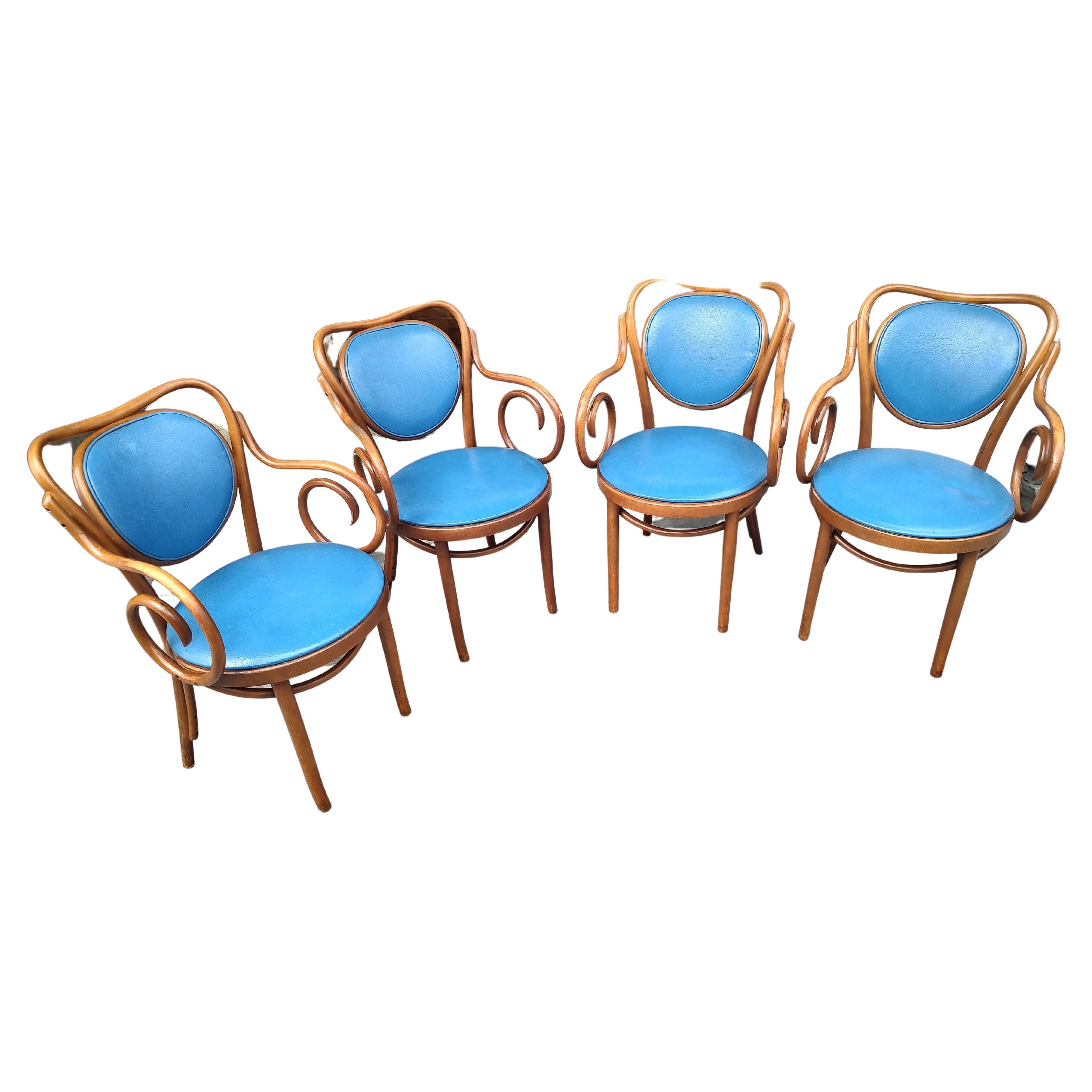 Late 20th Century Mid-Century Set of 4 Thonet Style Bentwood Dining Room Armchairs For Sale