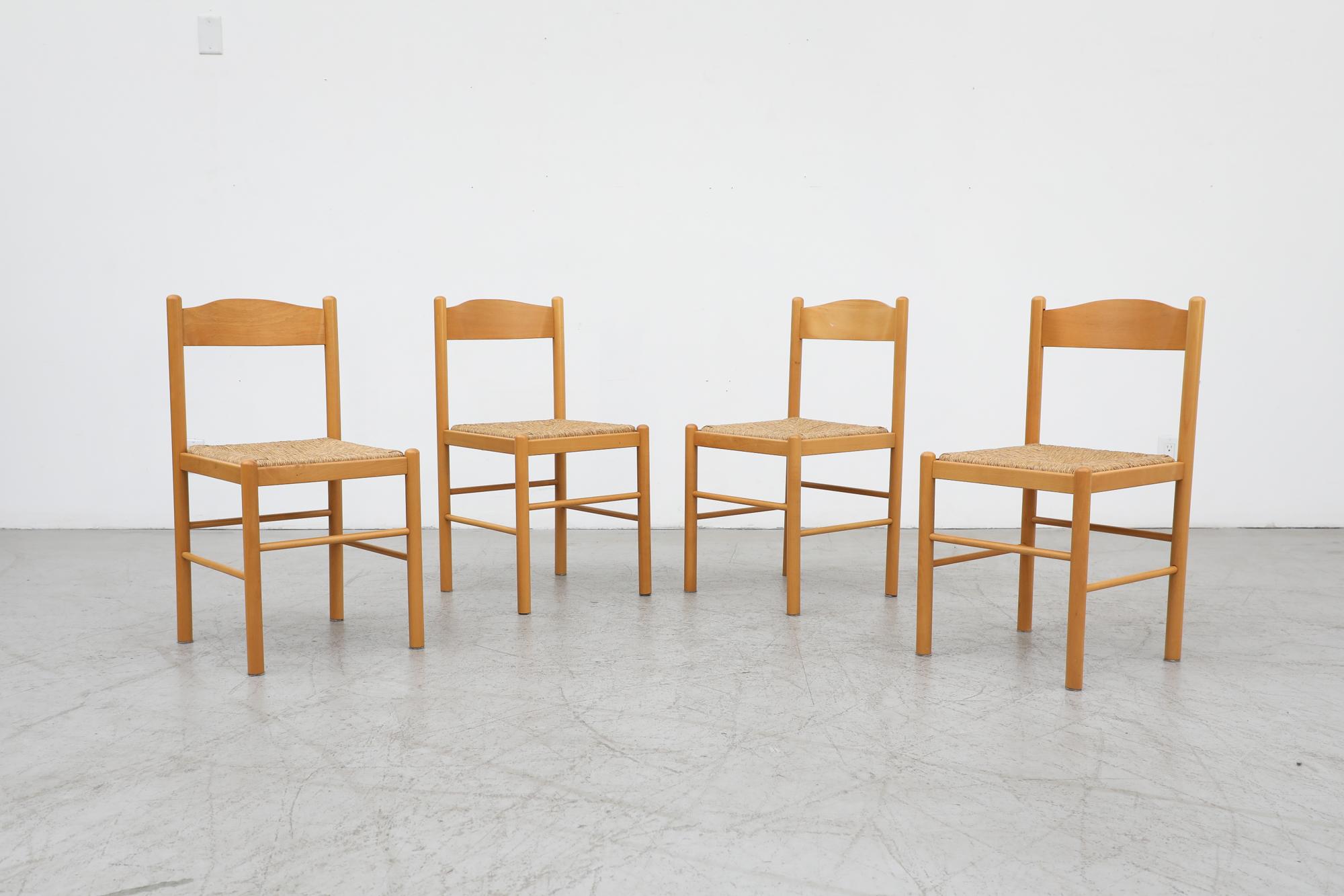 Set of 4 Blonde Wood Vico Magistretti Style Dining Chairs w/ Rush Seats For Sale 5