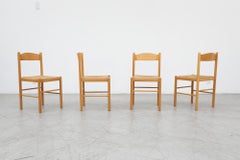 Set of Four Blonde Wood Vico Magistretti Style Dining Chairs with Rush Seats