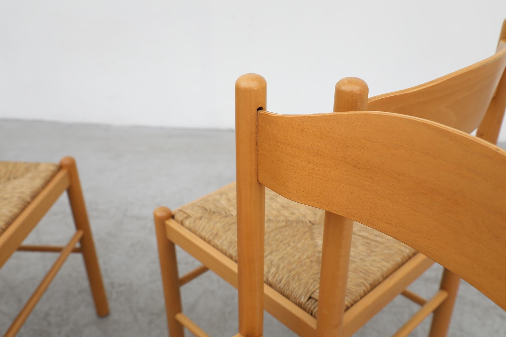Mid-20th Century Set of 4 Blonde Wood Vico Magistretti Style Dining Chairs w/ Rush Seats For Sale