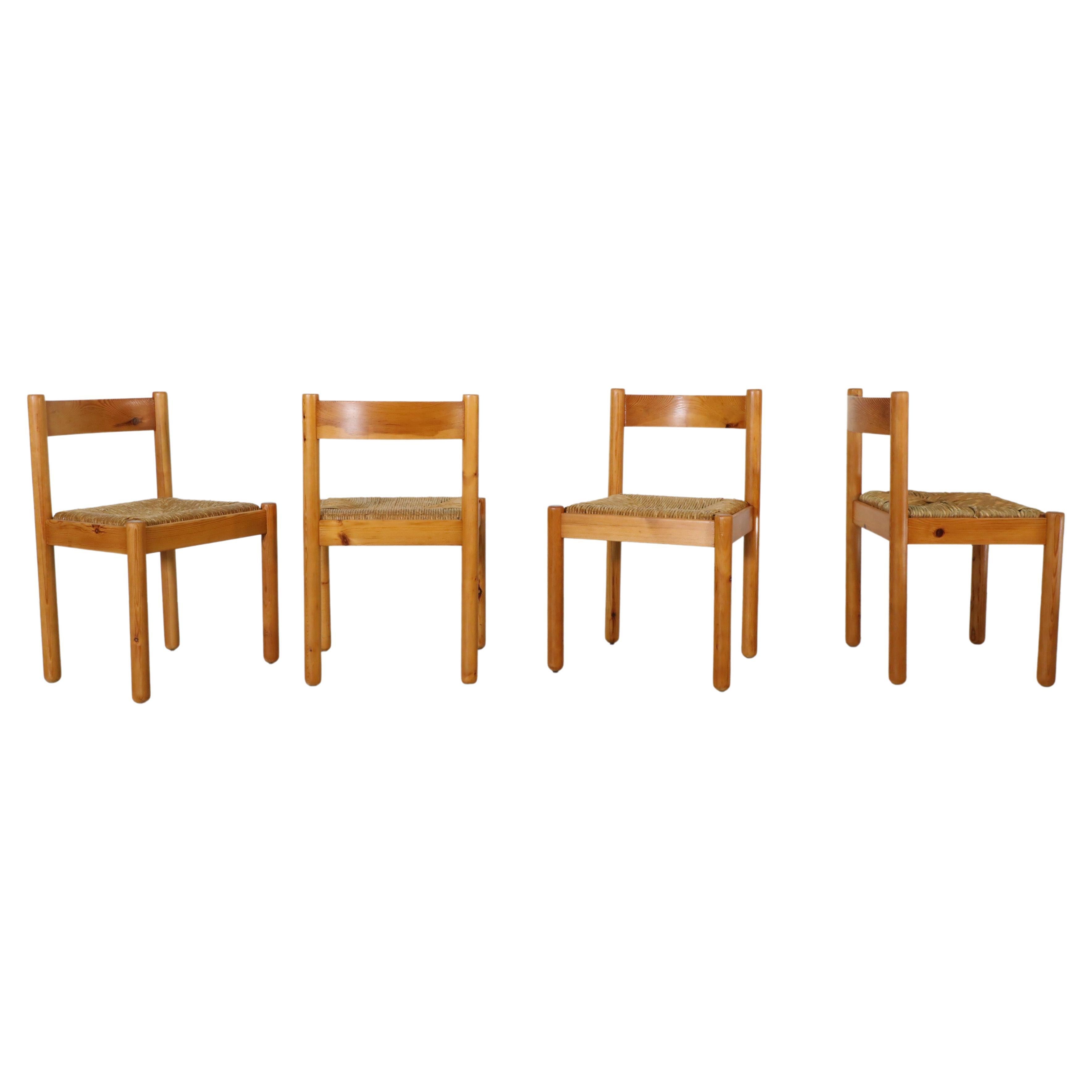 Mid-Century Set of Four Vico Magistretti Style Pine and Rush Dining Chairs