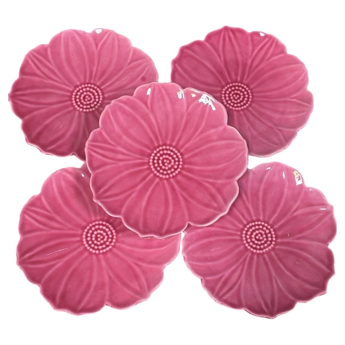Mid-Century Set of 5 Pink Majolica Flowers Plates Aegitna Vallauris