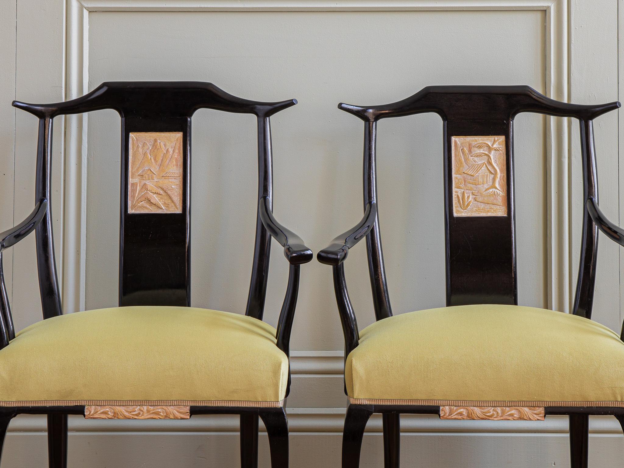 Mid Century Set Of 6 Black Lacquered French Dining Chairs in Oriental Style  For Sale 6