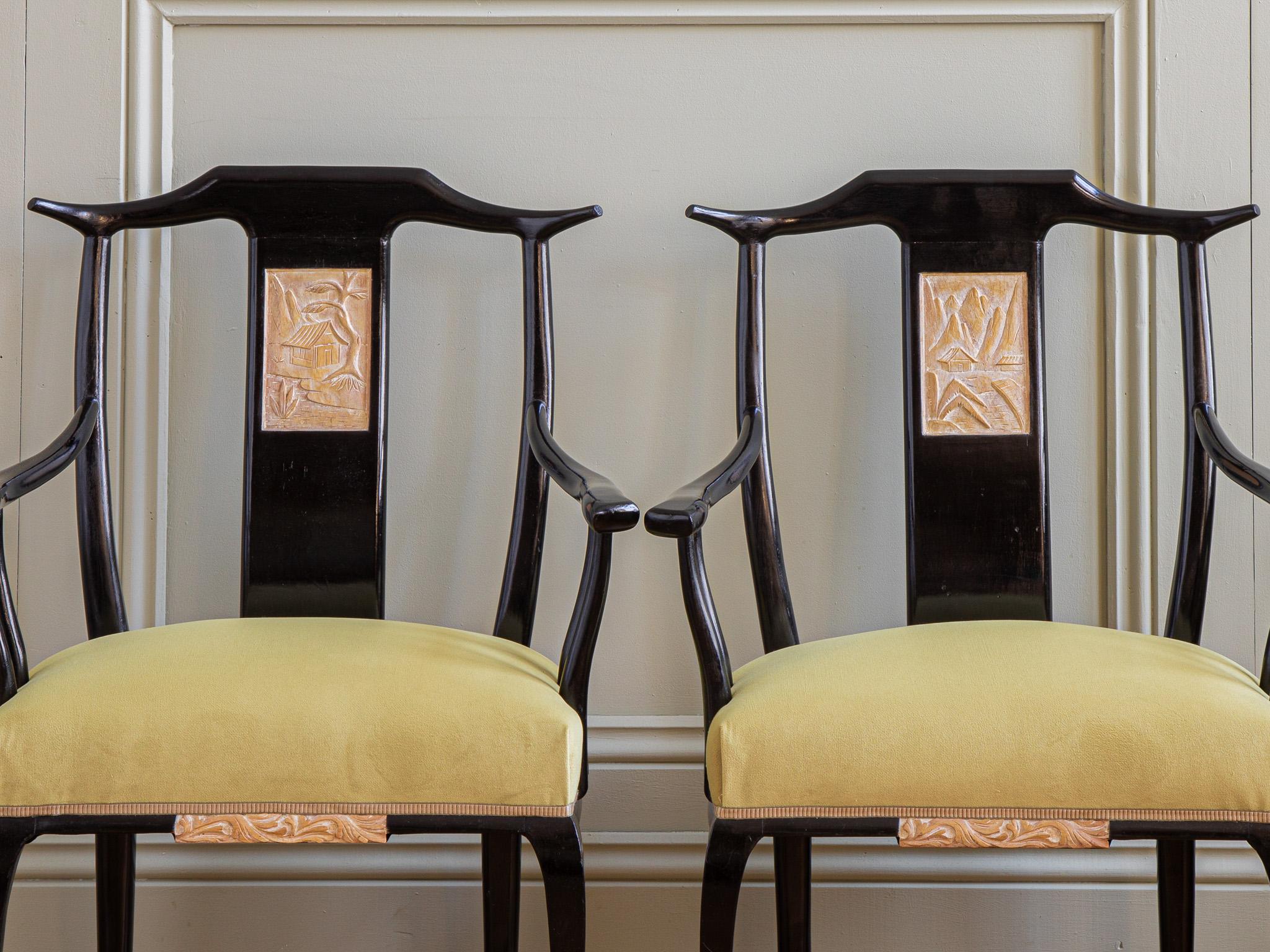 Mid Century Set Of 6 Black Lacquered French Dining Chairs in Oriental Style  For Sale 8