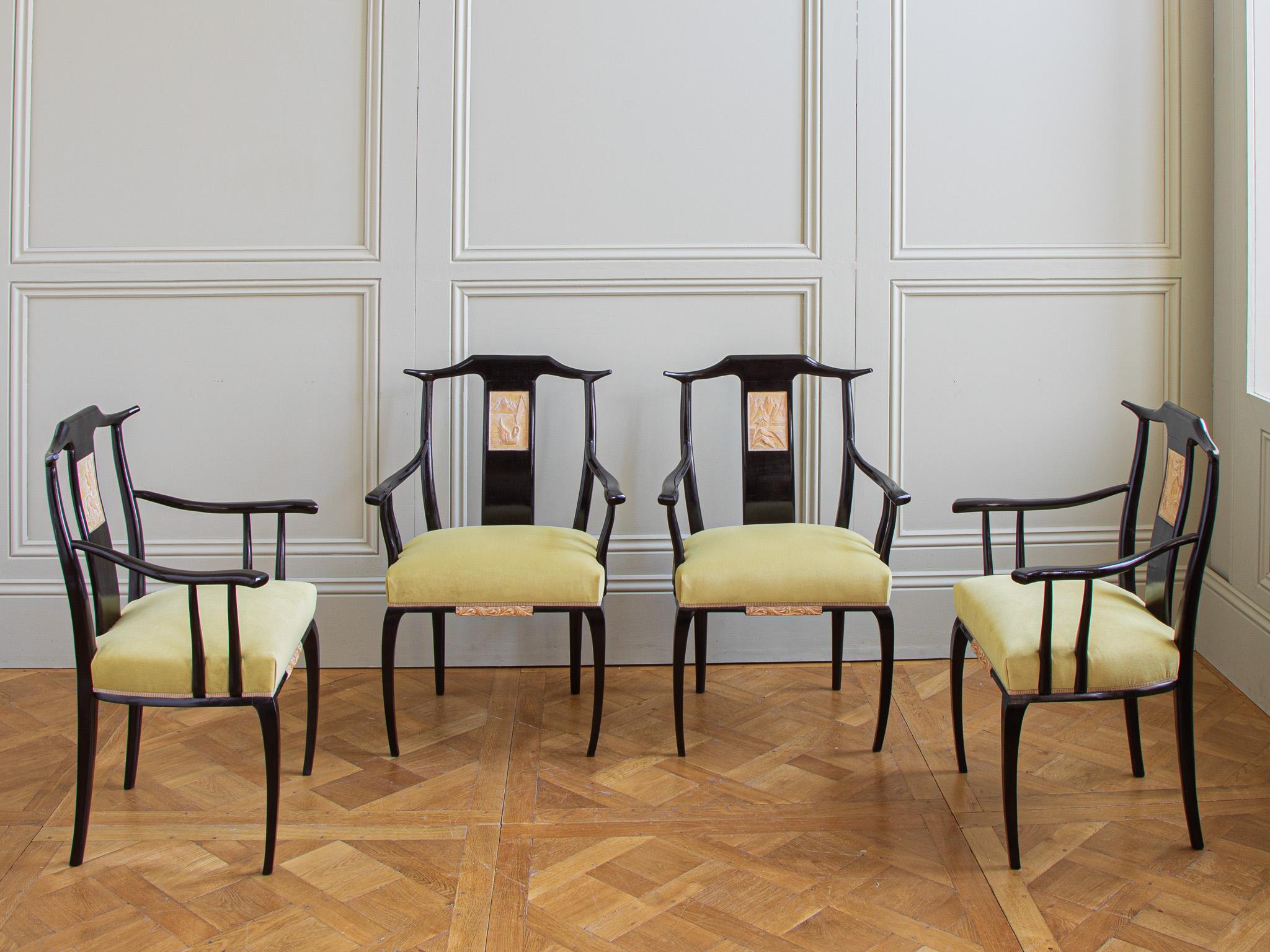 Mid Century Set Of 6 Black Lacquered French Dining Chairs in Oriental Style  For Sale 10
