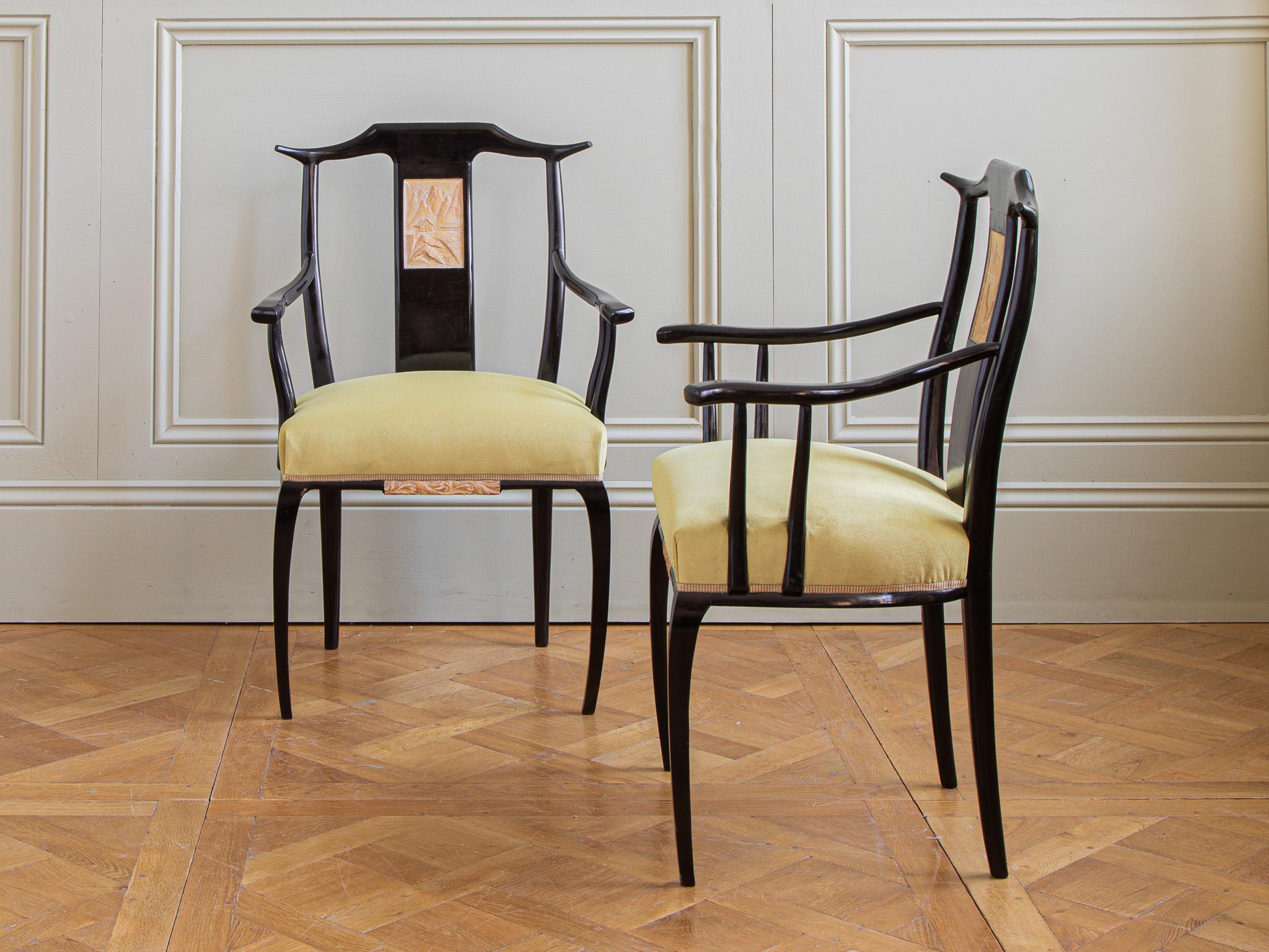 Mid Century Set Of 6 Black Lacquered French Dining Chairs in Oriental Style  In Good Condition For Sale In London, Park Royal