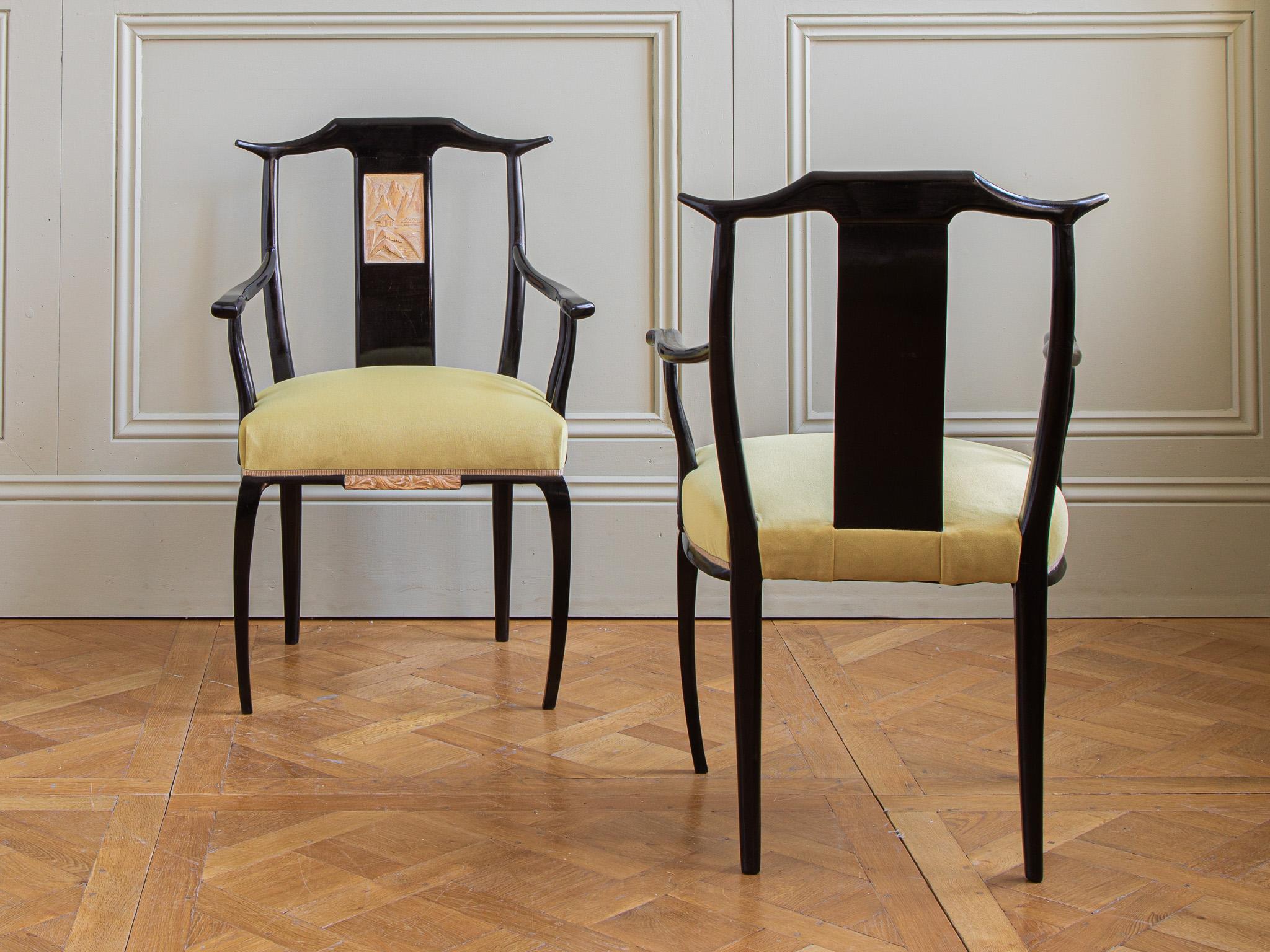 20th Century Mid Century Set Of 6 Black Lacquered French Dining Chairs in Oriental Style  For Sale