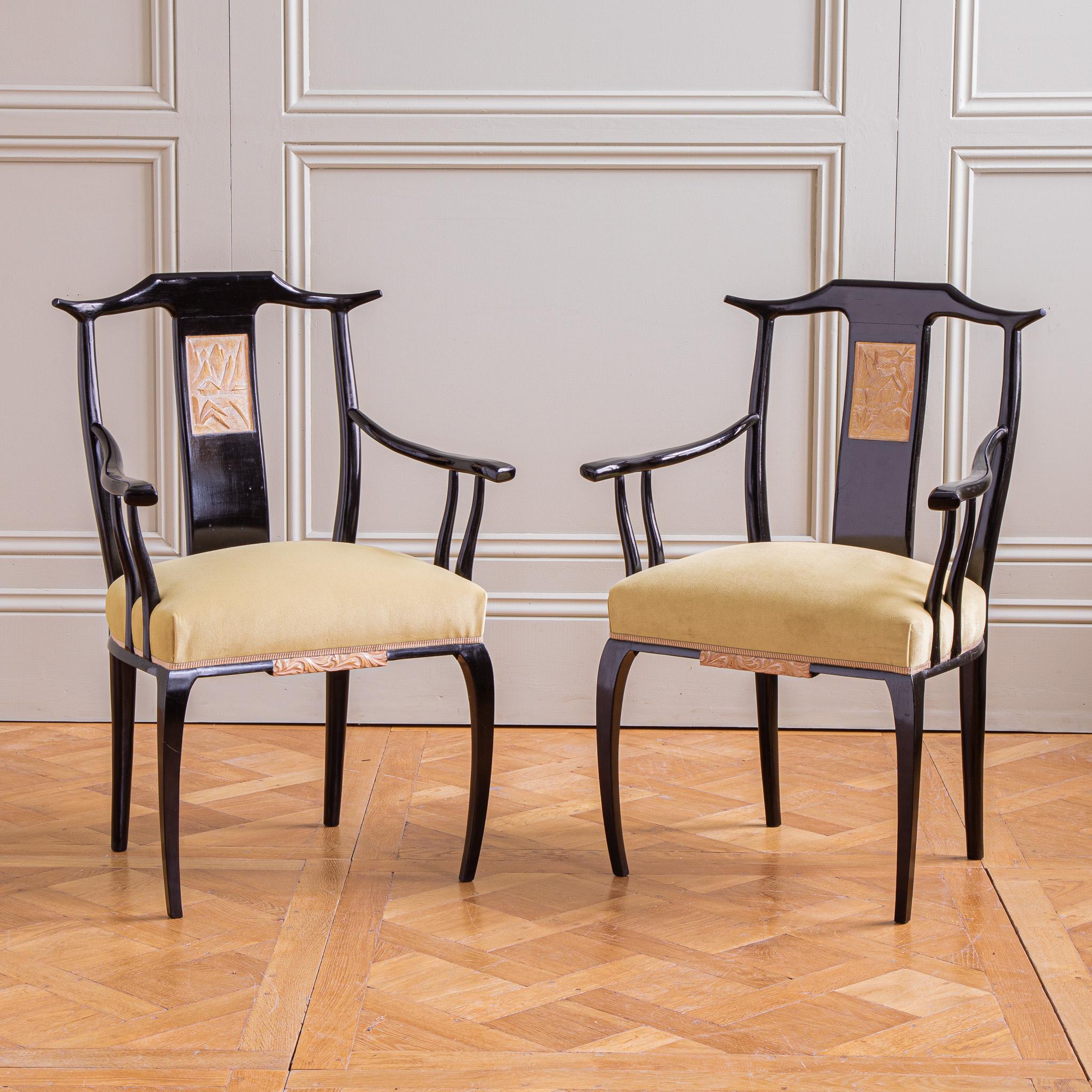 Upholstery Mid Century Set Of 6 Black Lacquered French Dining Chairs in Oriental Style  For Sale