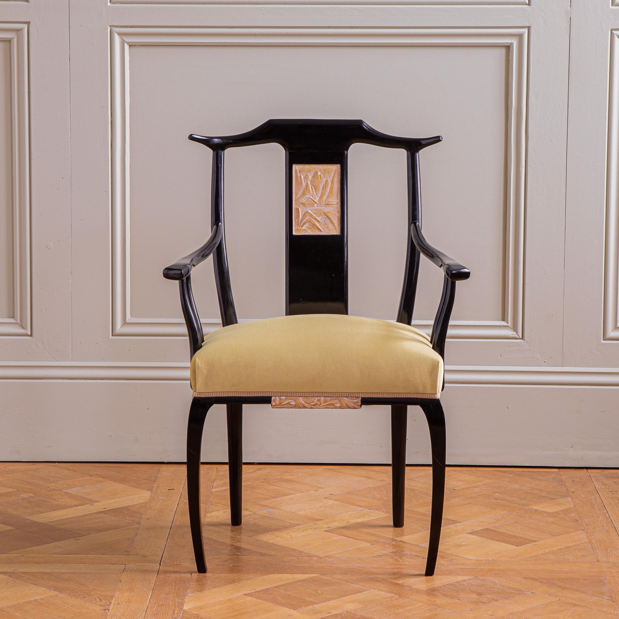 Mid Century Set Of 6 Black Lacquered French Dining Chairs in Oriental Style  For Sale 2