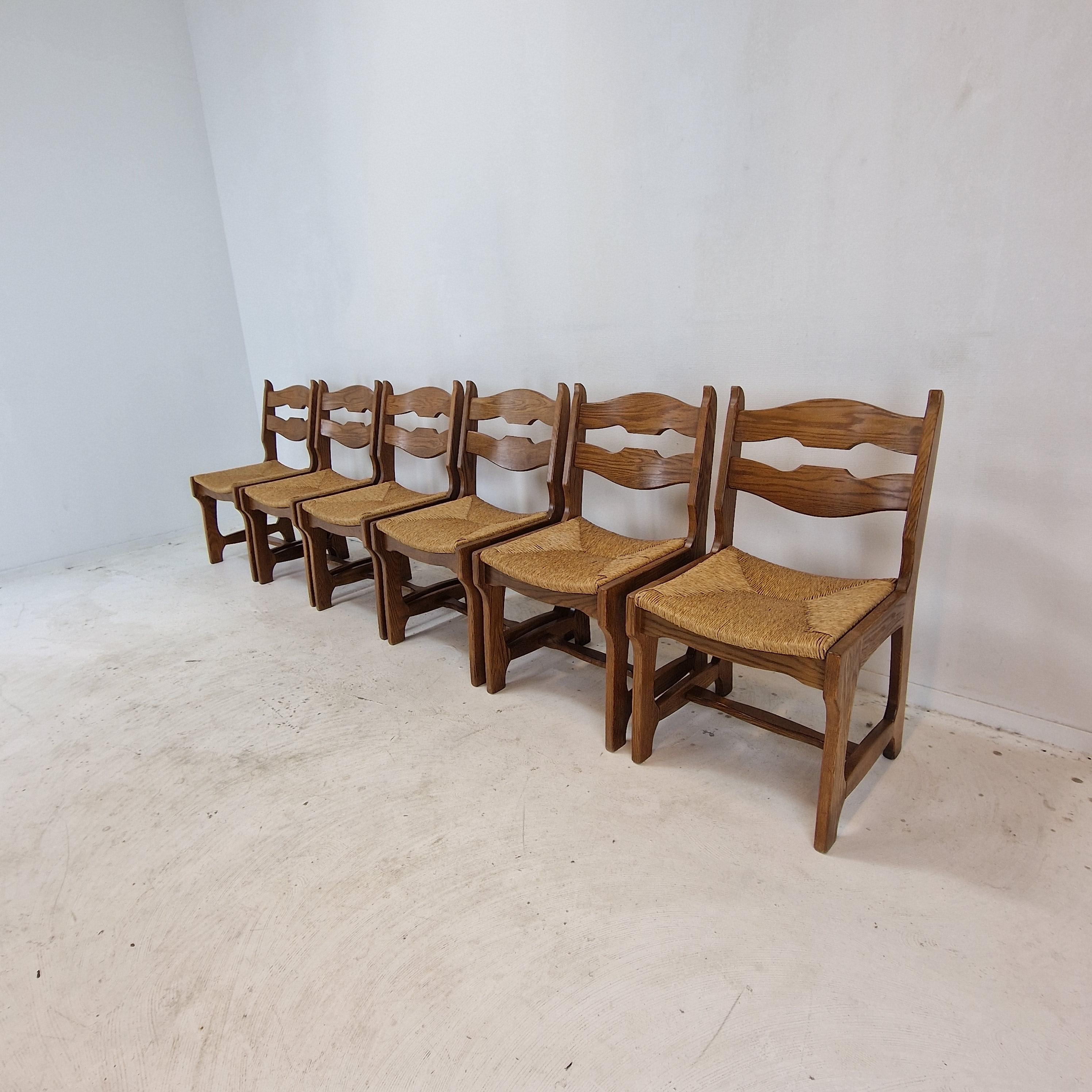 Mid-Century Modern Mid Century Set of 6 Brutalist Oak Razor Blade Chairs, France 1960s For Sale
