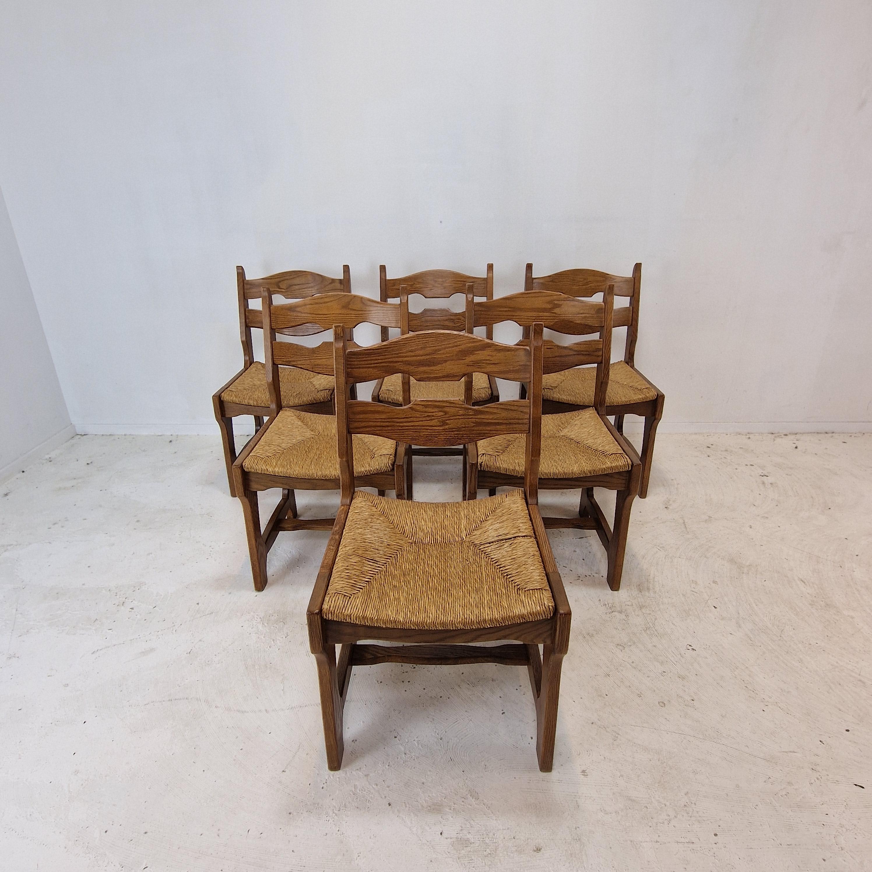 French Mid Century Set of 6 Brutalist Oak Razor Blade Chairs, France 1960s For Sale