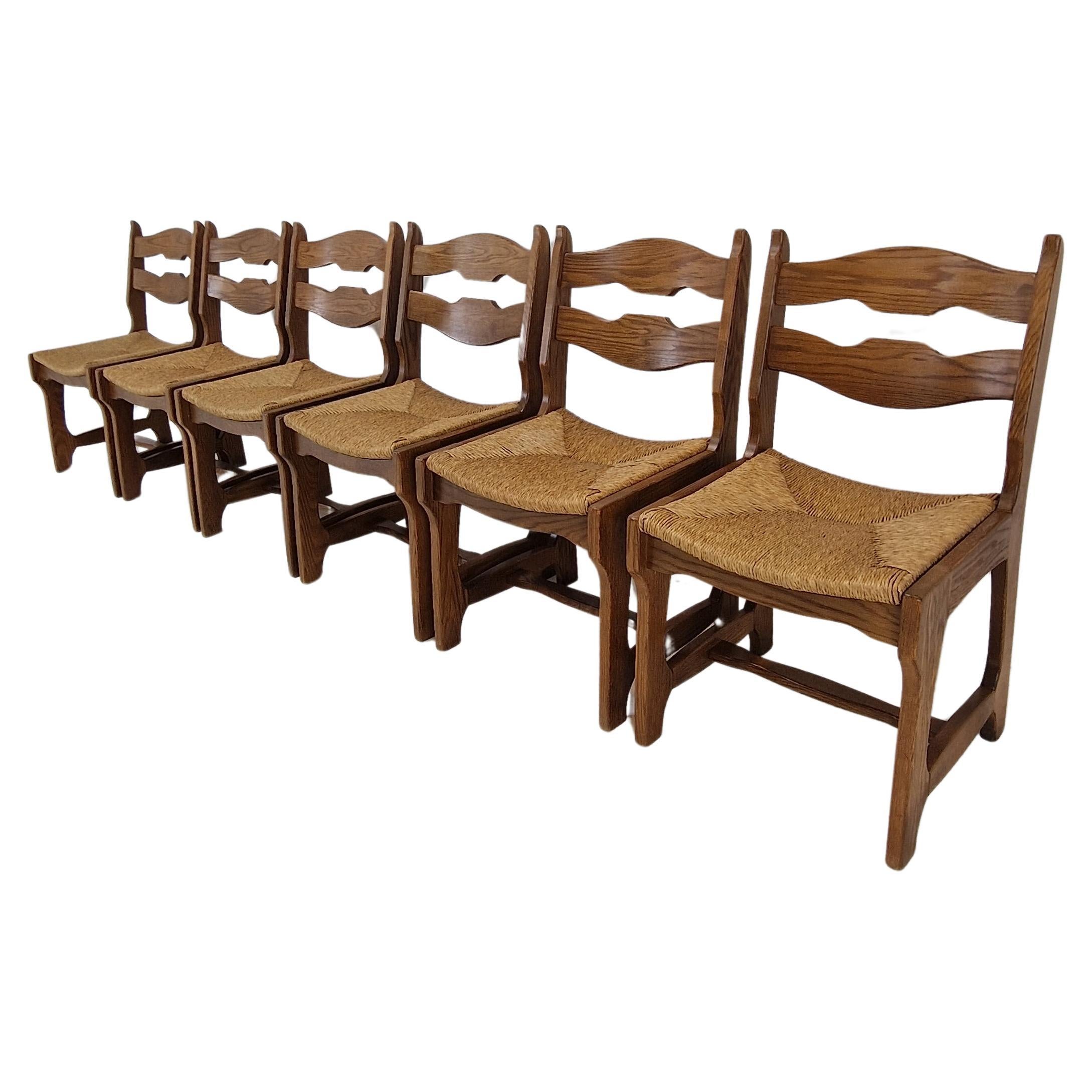 Mid Century Set of 6 Brutalist Oak Razor Blade Chairs, France 1960s For Sale