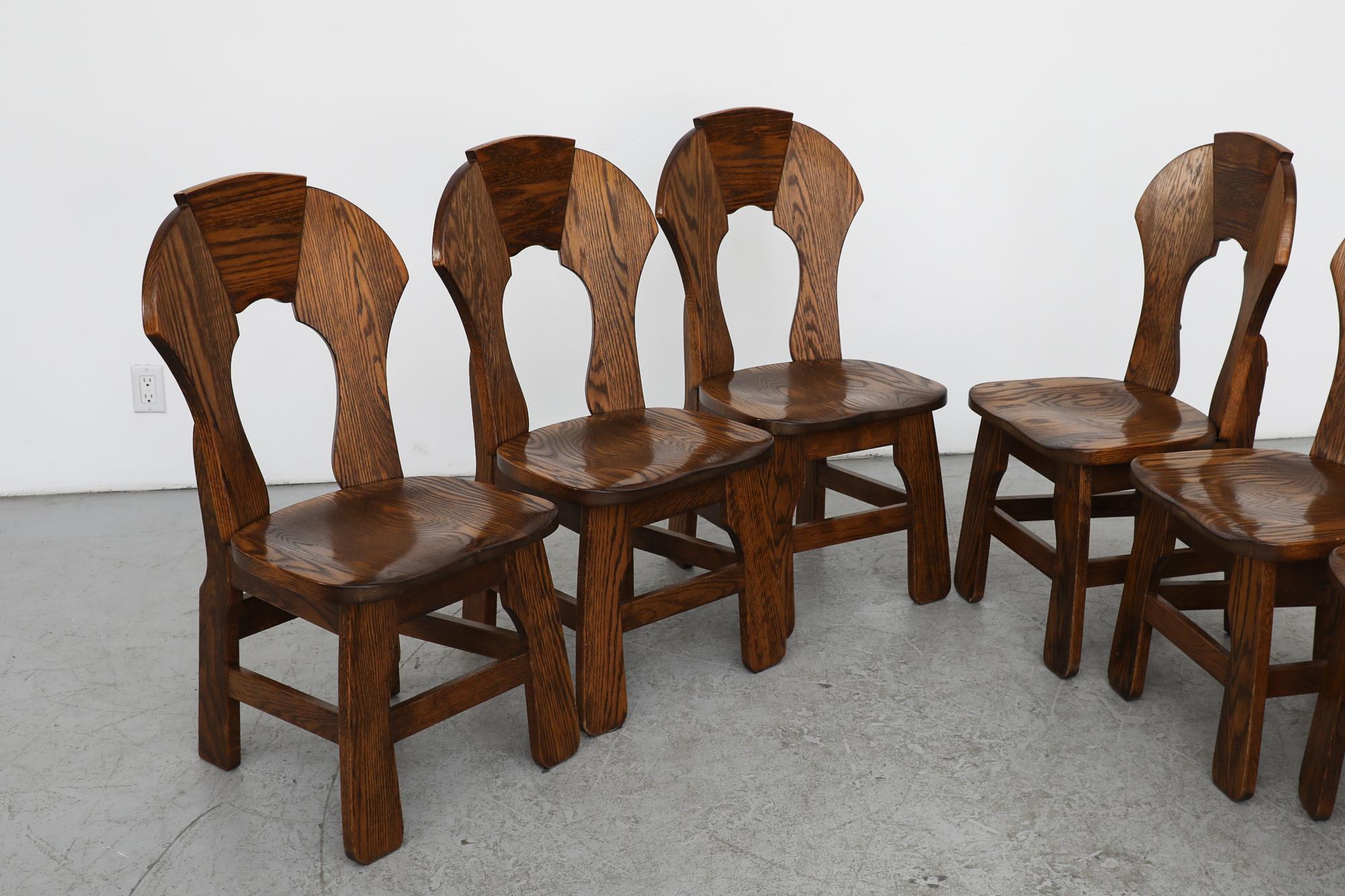 Mid-Century Set of 6 Dark Toned Brutalist Oak Dining Chairs 8