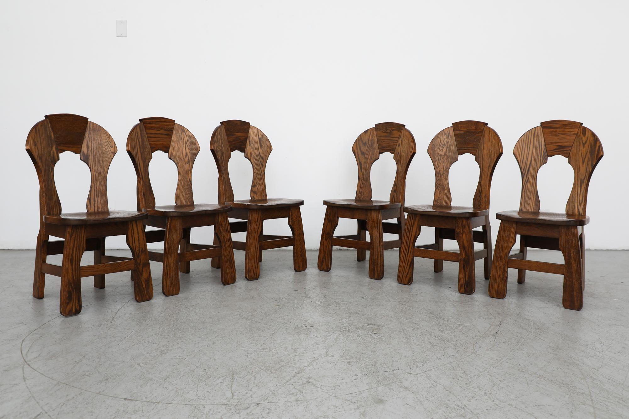 Belgian Mid-Century Set of 6 Dark Toned Brutalist Oak Dining Chairs