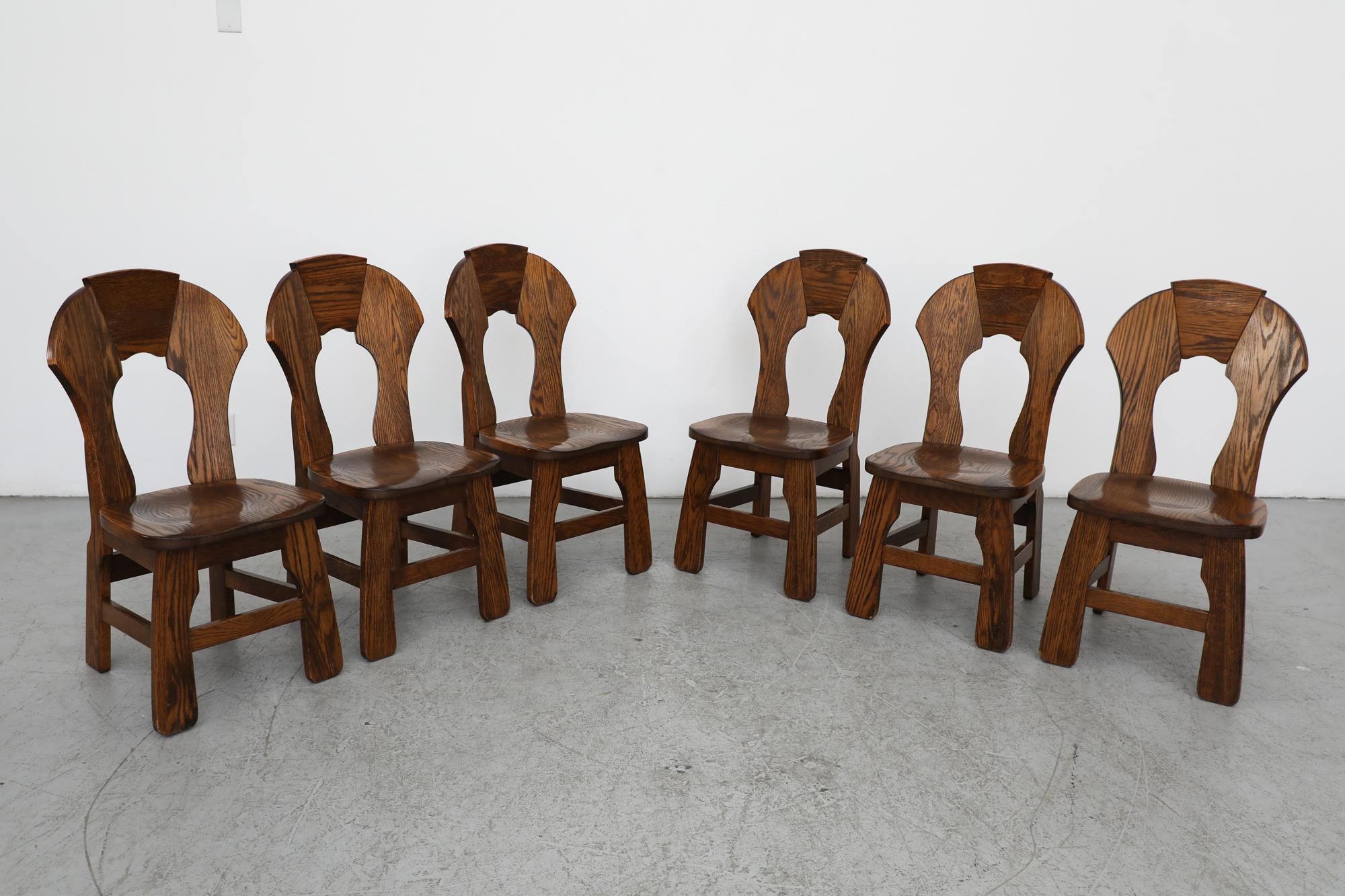 Mid-Century Set of 6 Dark Toned Brutalist Oak Dining Chairs In Good Condition In Los Angeles, CA