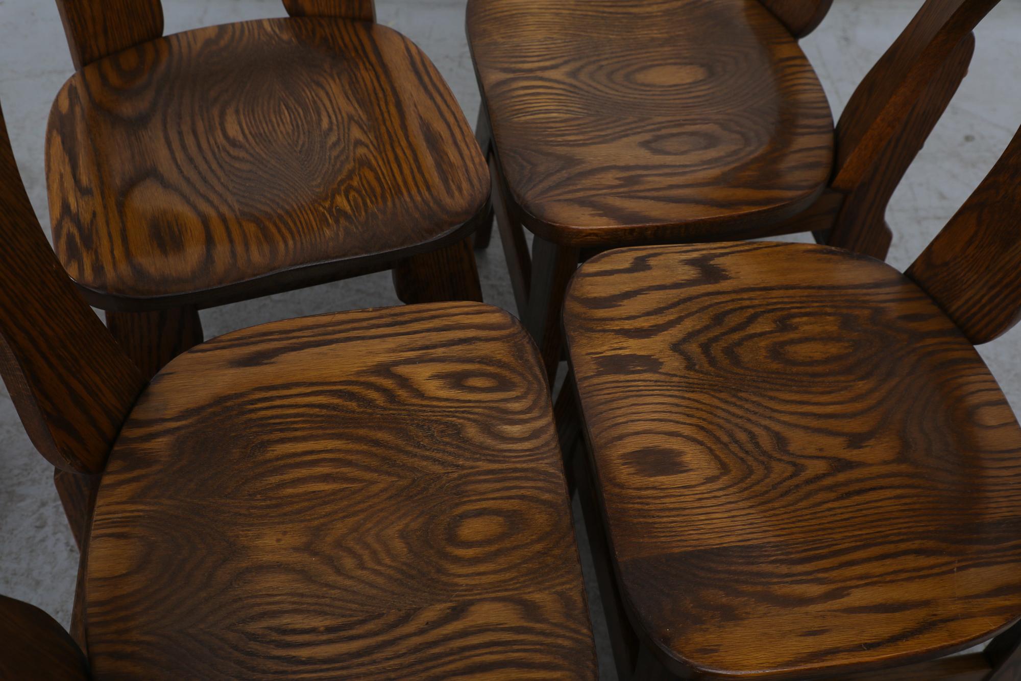 Mid-Century Set of 6 Dark Toned Brutalist Oak Dining Chairs 1