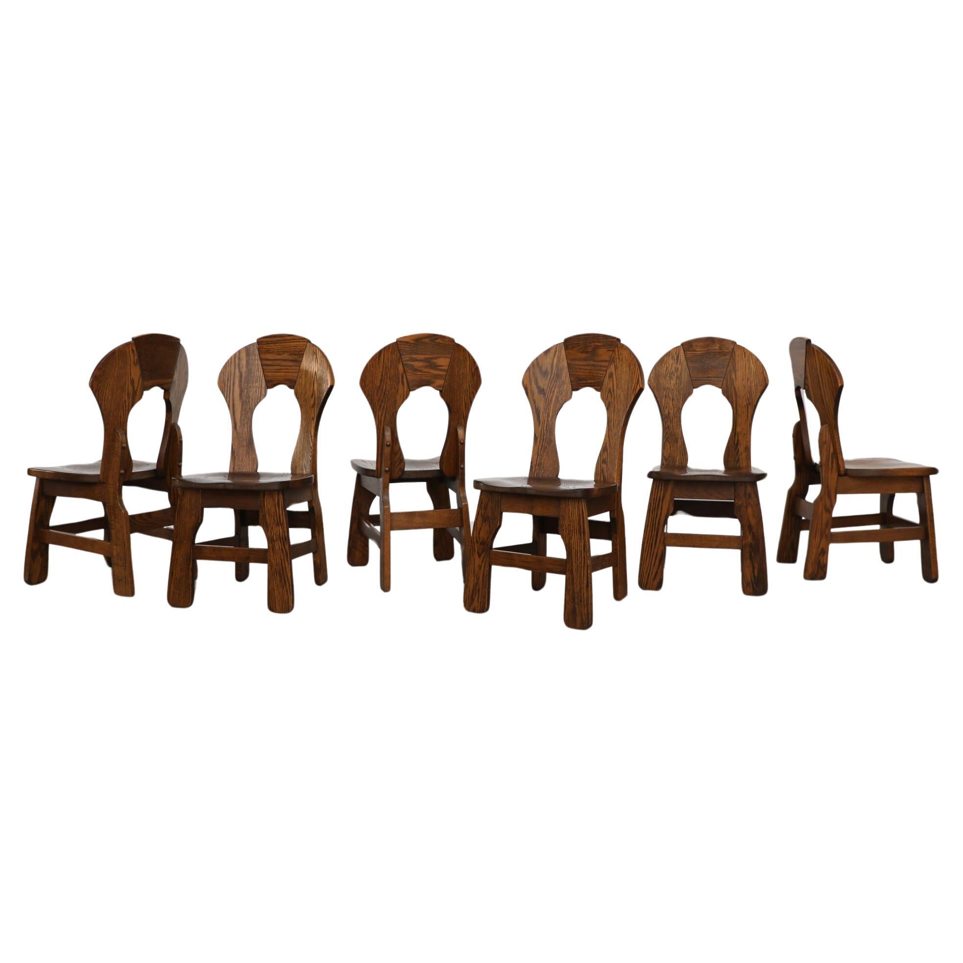 Mid-Century Set of 6 Dark Toned Brutalist Oak Dining Chairs