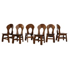 Mid-Century Set of 6 Dark Toned Brutalist Oak Dining Chairs