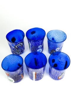 Midcentury Set of 6 "Goti De Fornasa" Blue Murano Drinking Glasses Tumbler