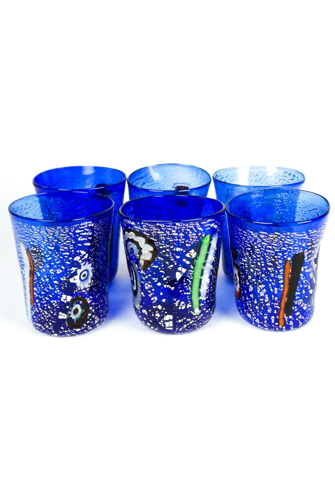Mid-Century moderno Set di 6 bicchieri da bere blu di Murano 