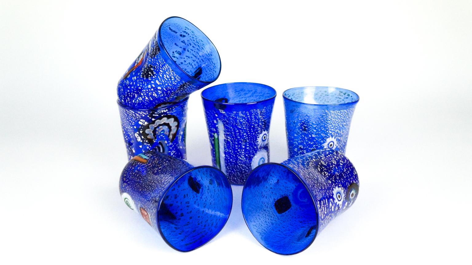 Italiano Set di 6 bicchieri da bere blu di Murano 