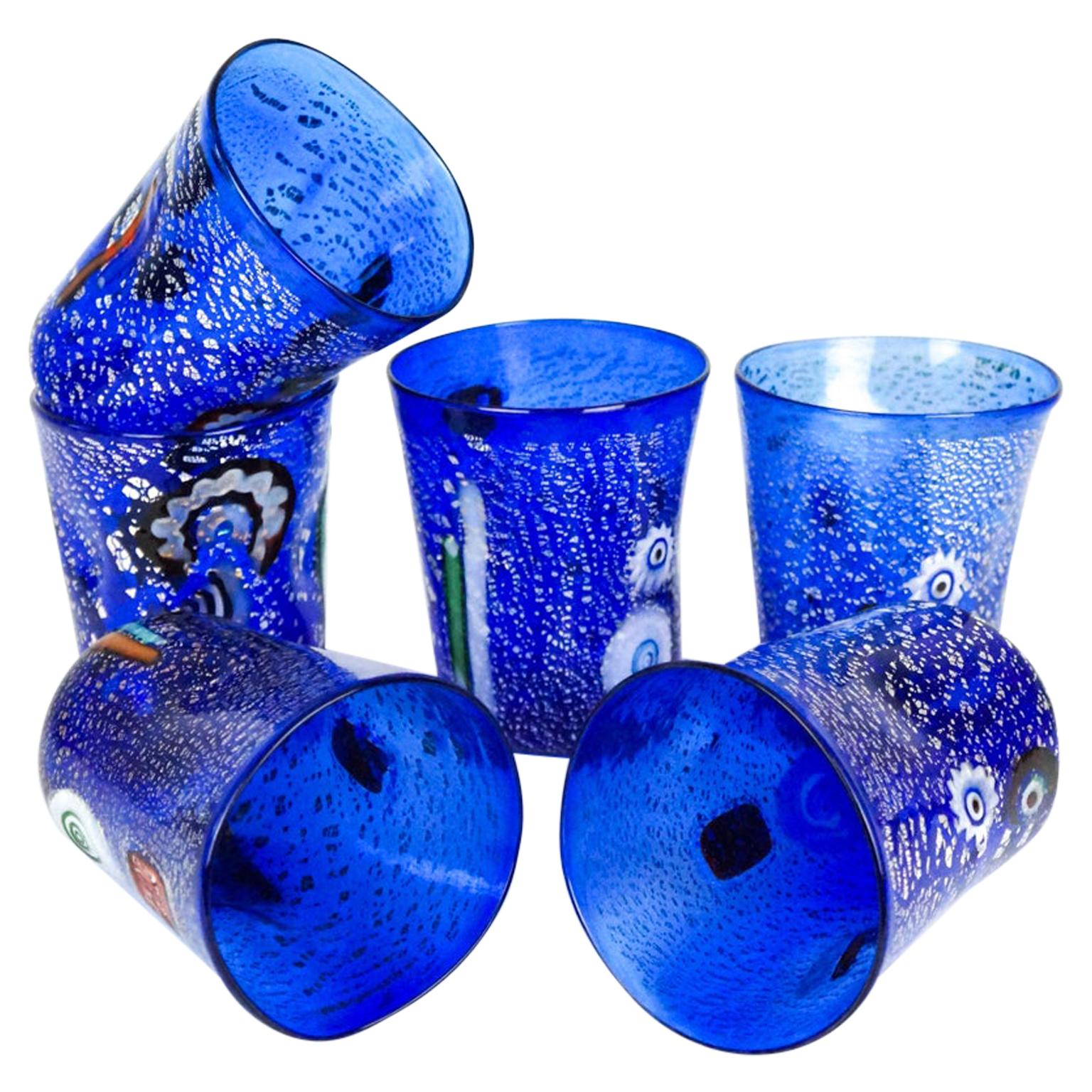Midcentury Set of 6 "Goti De Fornasa" Blue Murano Drinking Glasses Tumbler For Sale