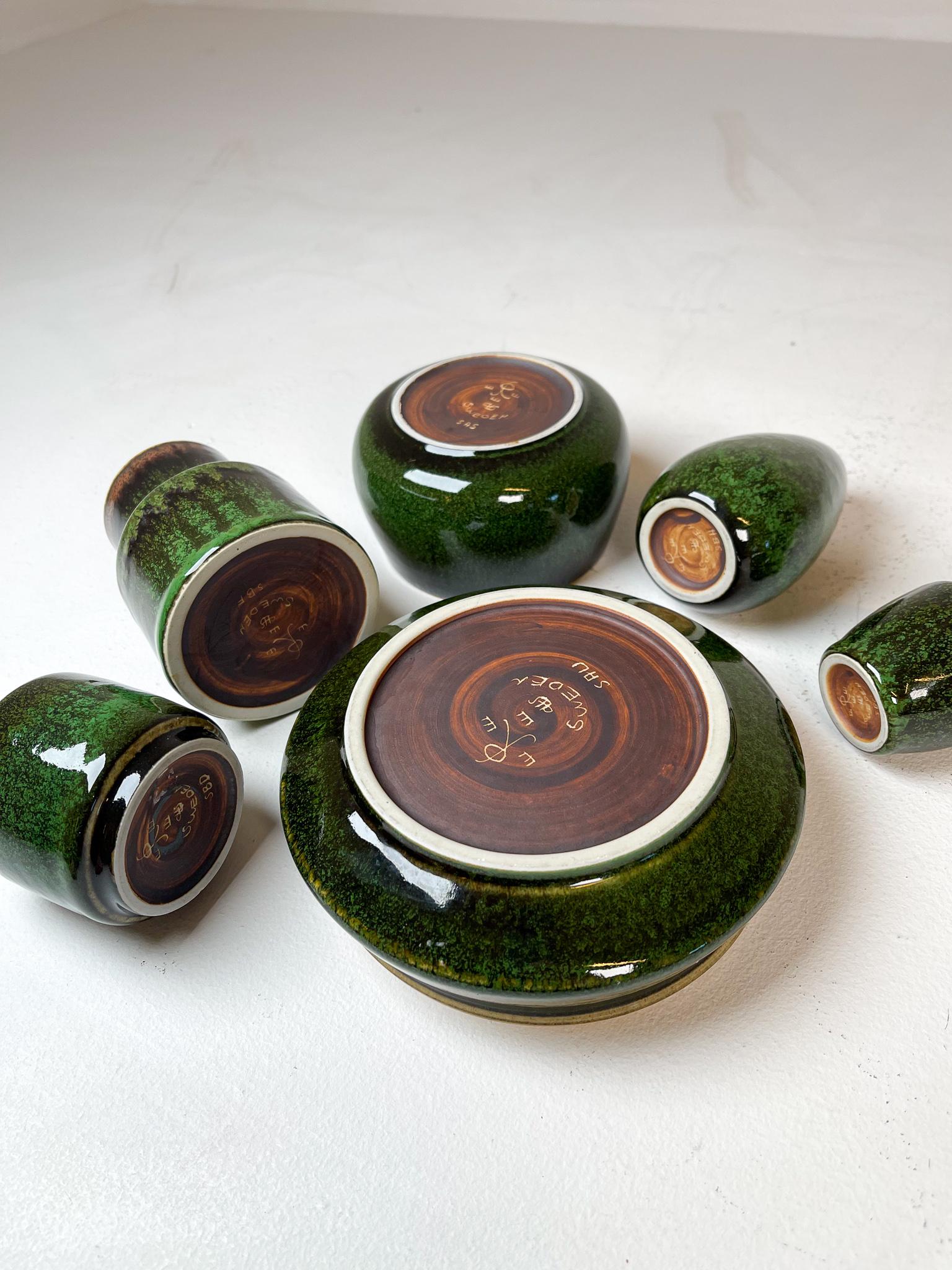 Mid-Century Set of 6 Green Ceramic Vasels Rörstrand Carl-Harry Stålhane, Sweden 7