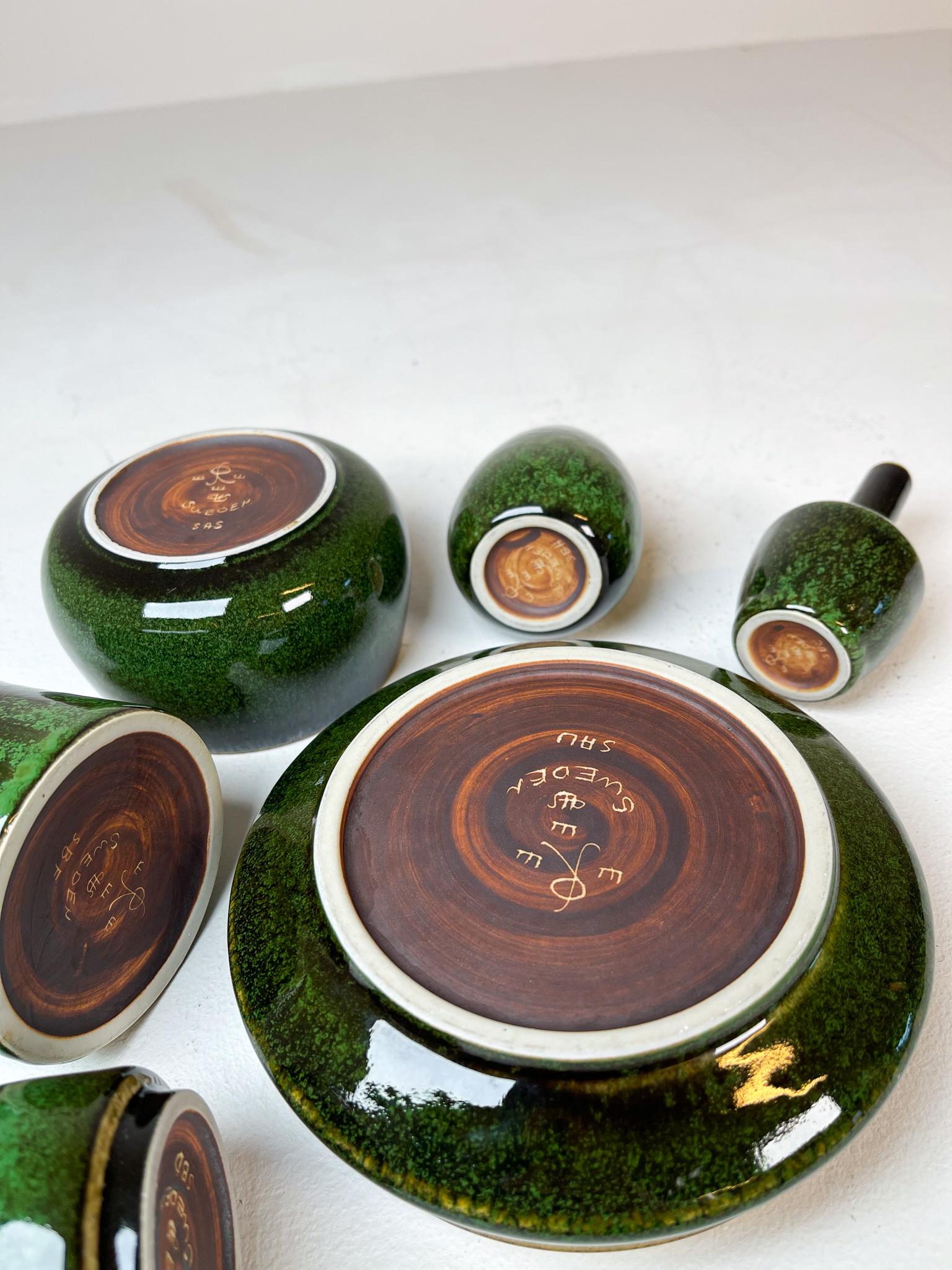 Mid-Century Set of 6 Green Ceramic Vasels Rörstrand Carl-Harry Stålhane, Sweden 8