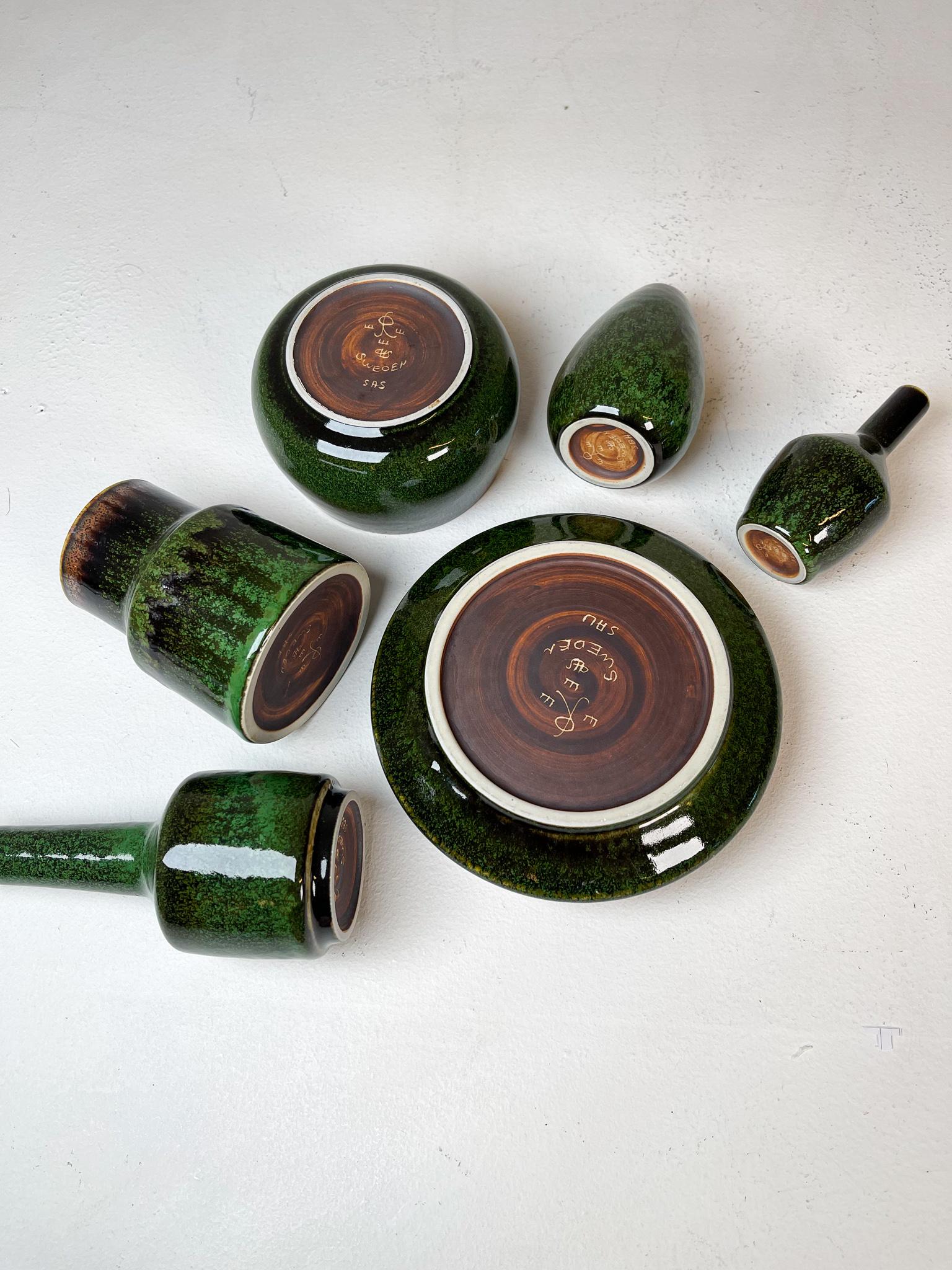 Mid-Century Set of 6 Green Ceramic Vasels Rörstrand Carl-Harry Stålhane, Sweden 9