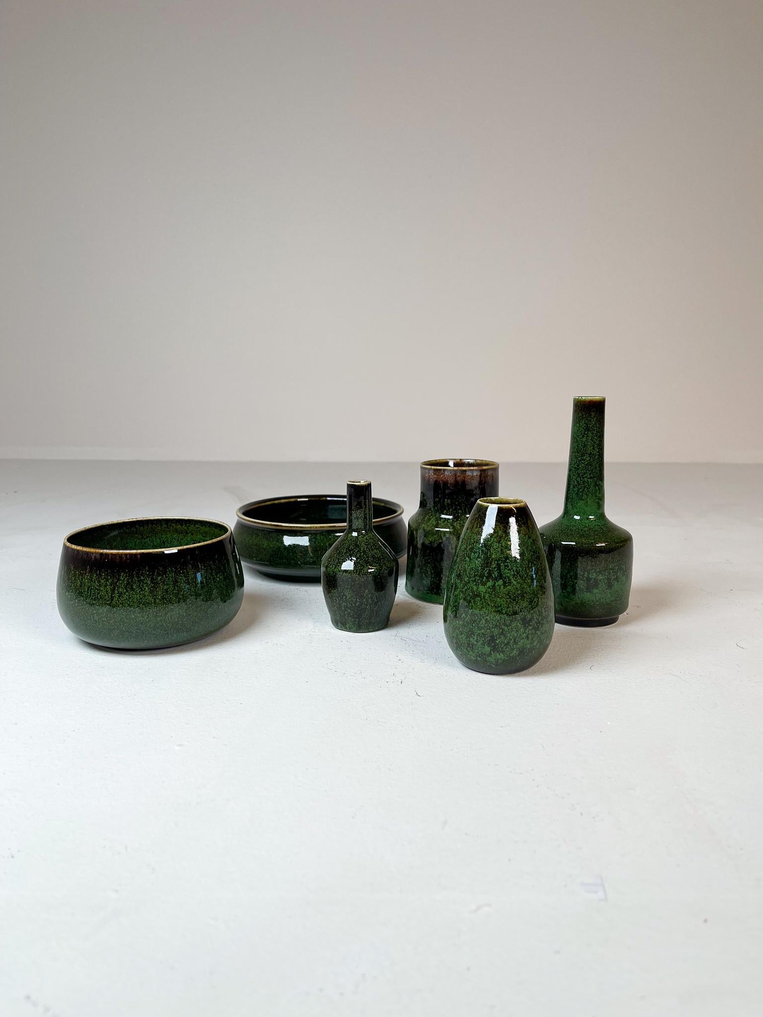 Mid-Century Modern Mid-Century Set of 6 Green Ceramic Vasels Rörstrand Carl-Harry Stålhane, Sweden