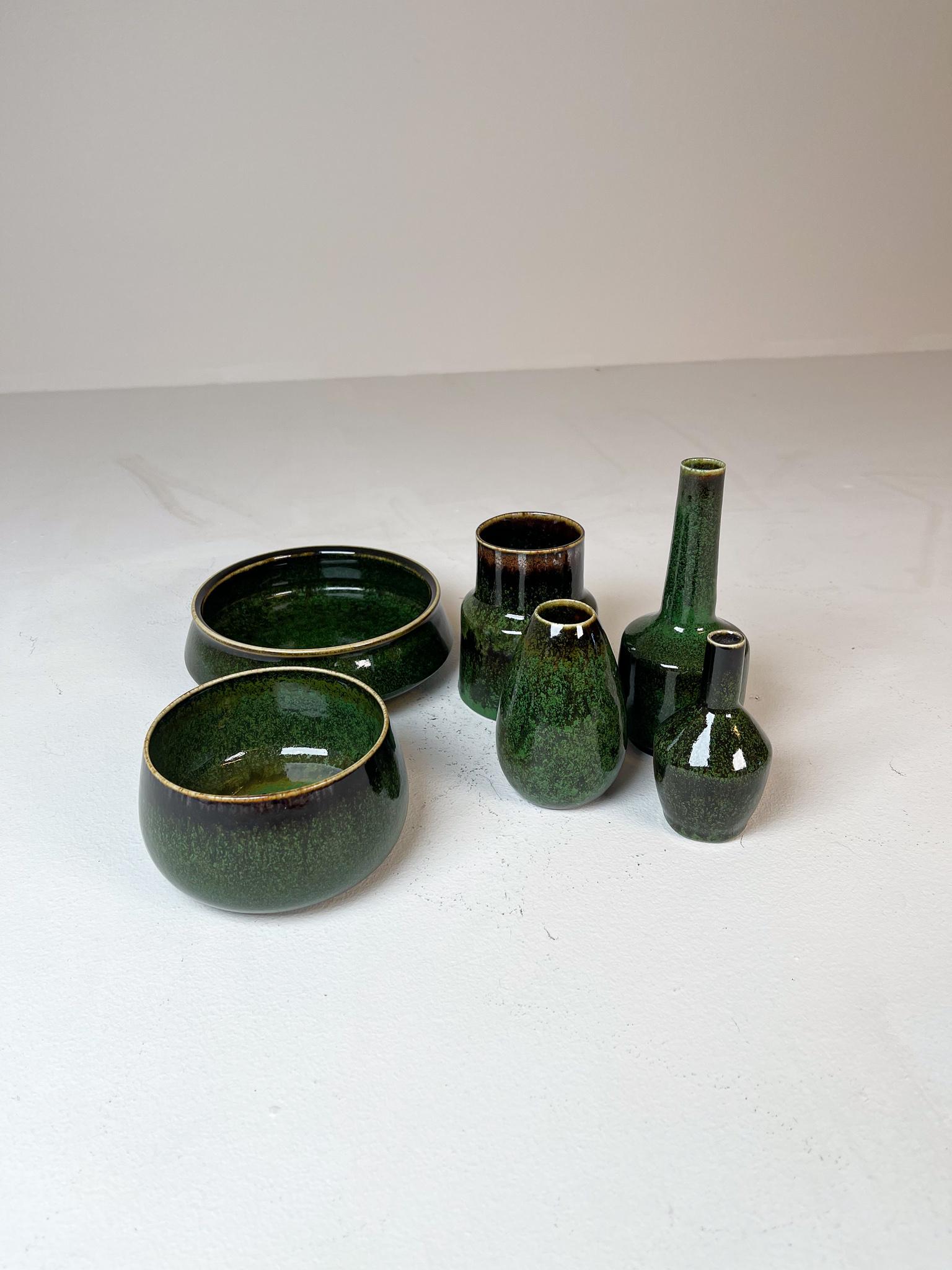 Mid-20th Century Mid-Century Set of 6 Green Ceramic Vasels Rörstrand Carl-Harry Stålhane, Sweden
