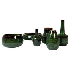 Mid-Century Set of 6 Green Ceramic Vasels Rörstrand Carl-Harry Stålhane, Sweden