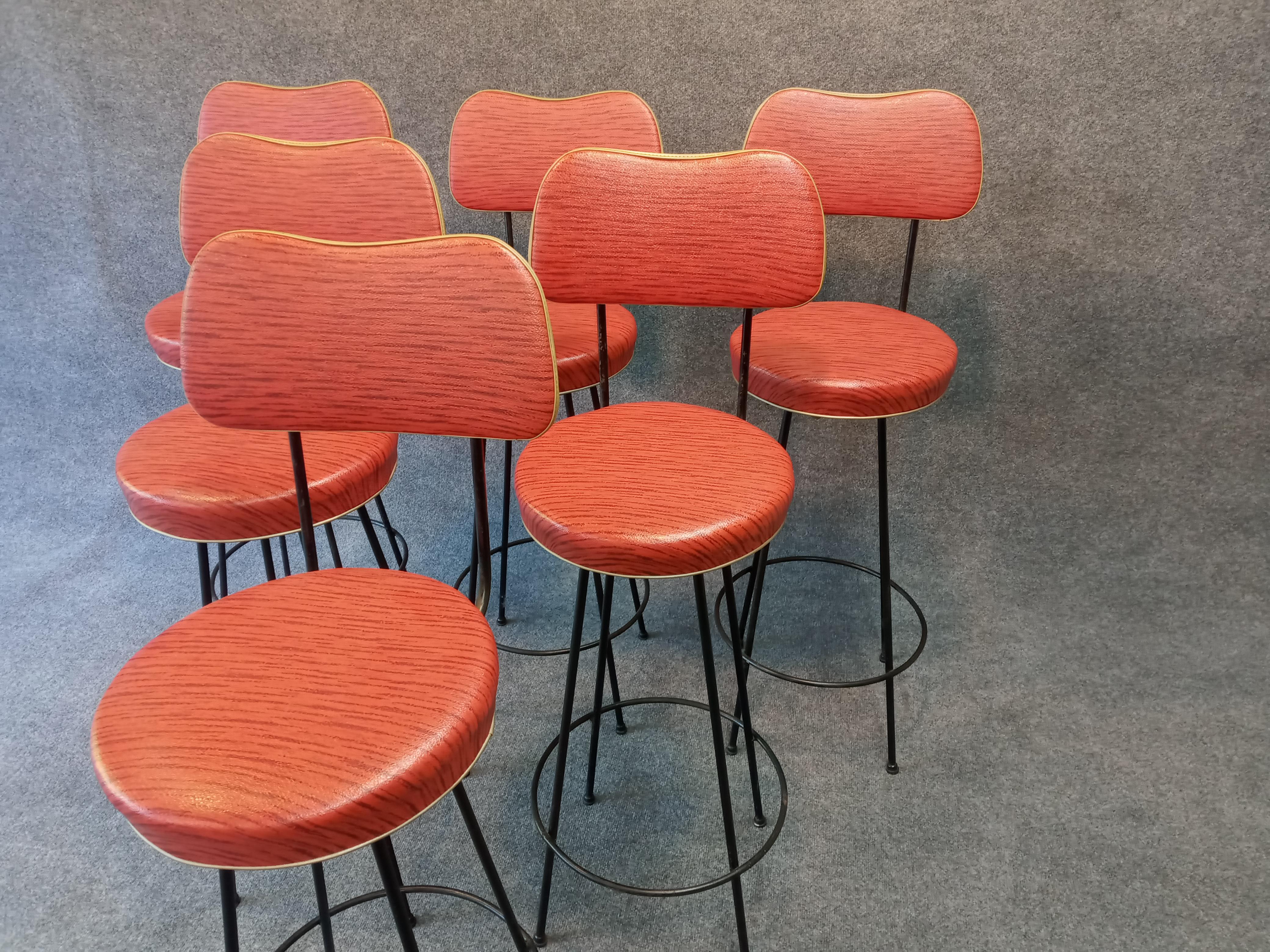 American Mid-Century Set of 6 Hairpin Iron Swivel Barstools Frederick Weinberg, 1960s For Sale