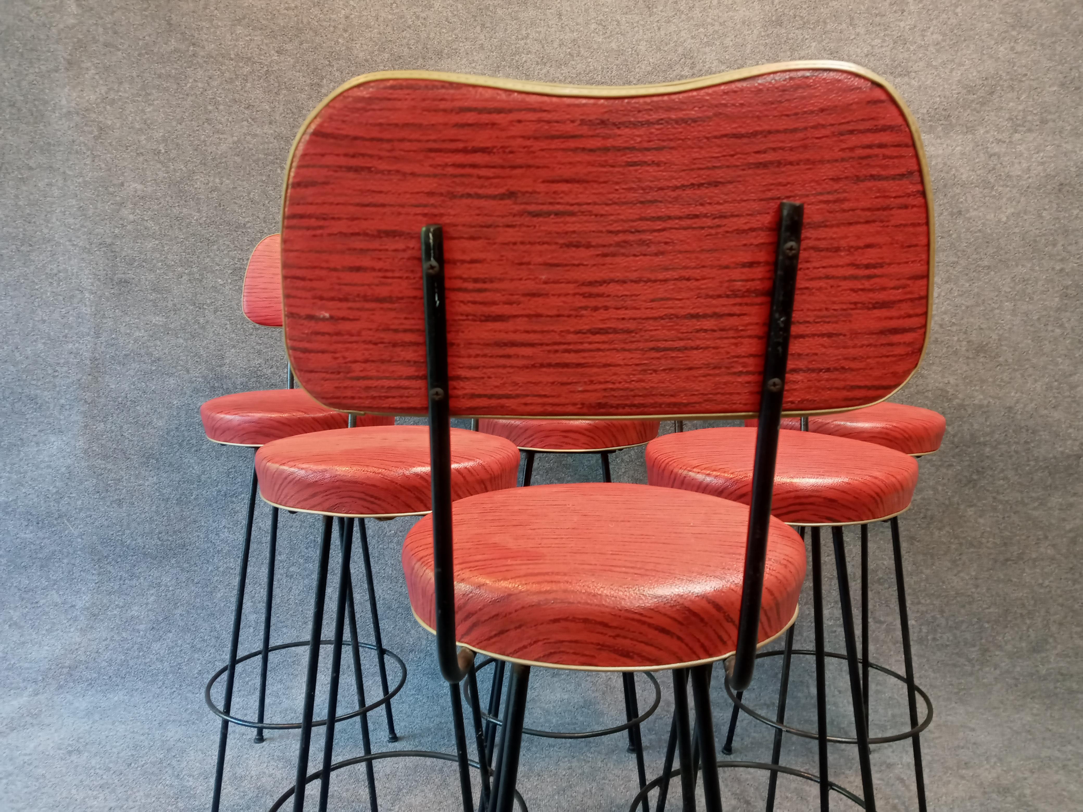 Upholstery Mid-Century Set of 6 Hairpin Iron Swivel Barstools Frederick Weinberg, 1960s For Sale